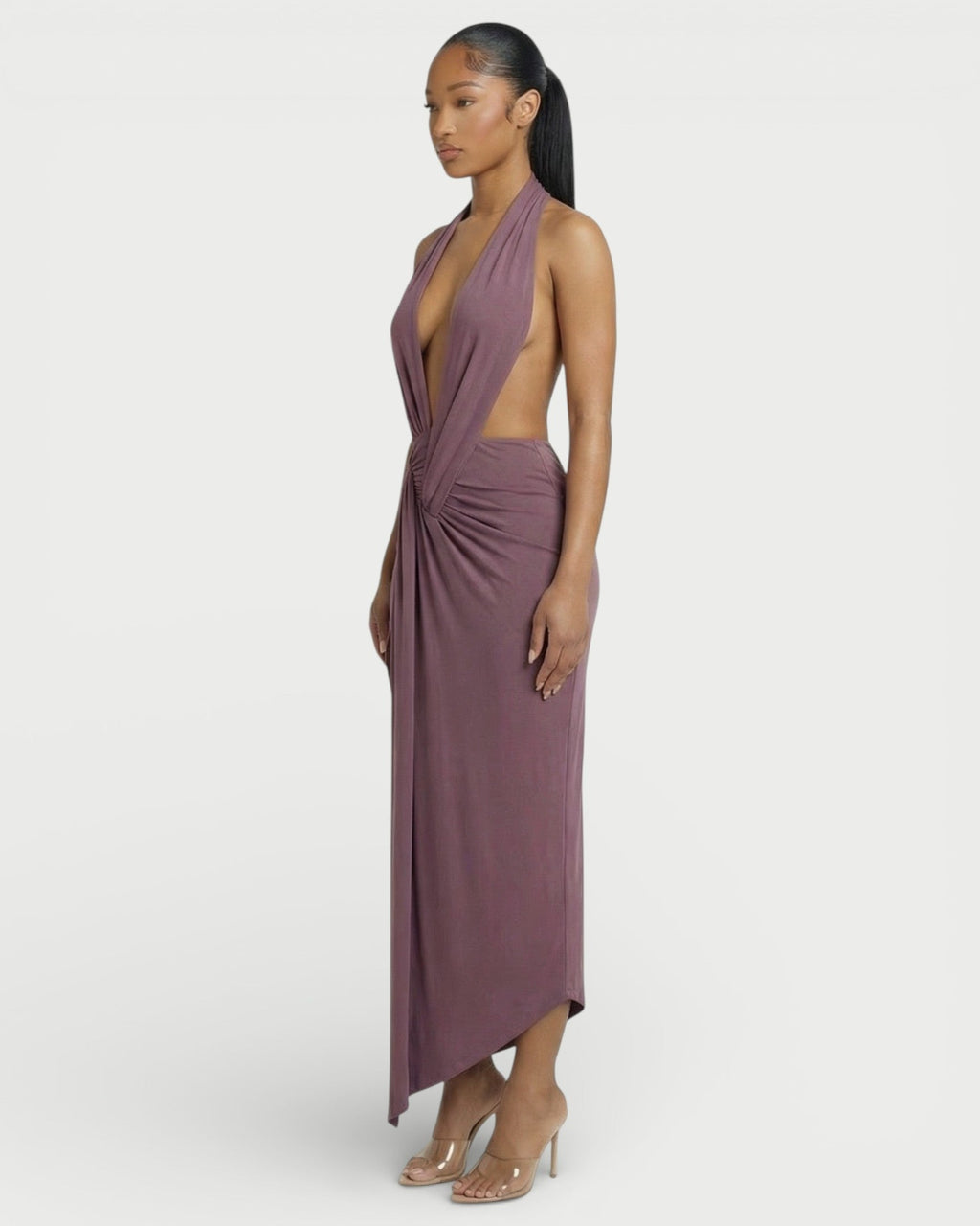 ORLAYA Deep Plunge Halter High-Slit Maxi Dress