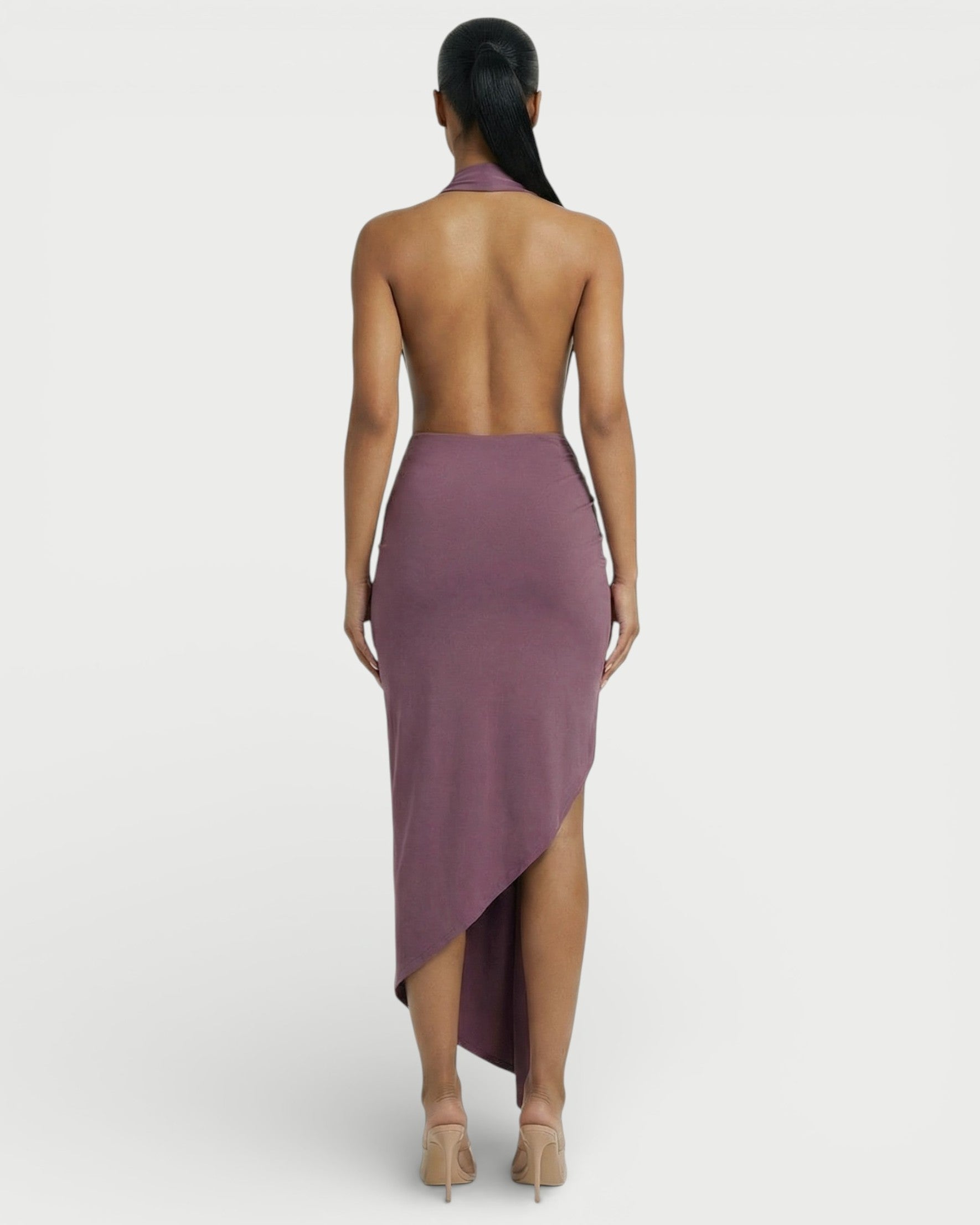 ORLAYA Deep Plunge Halter High-Slit Maxi Dress