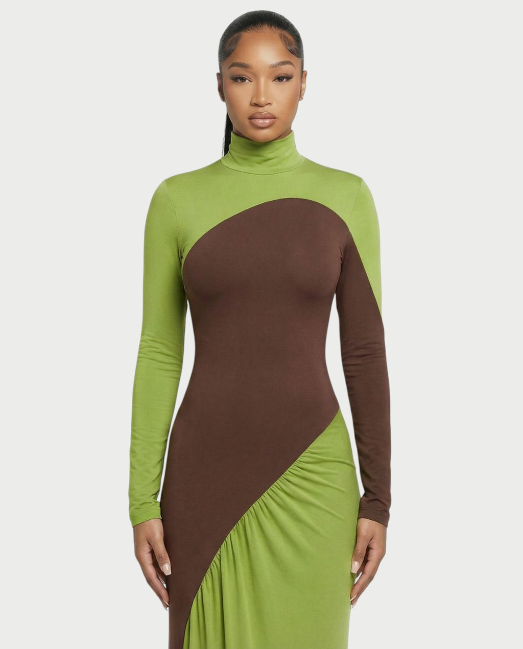 ANINA Contrast Panel Long-Sleeve Maxi Dress
