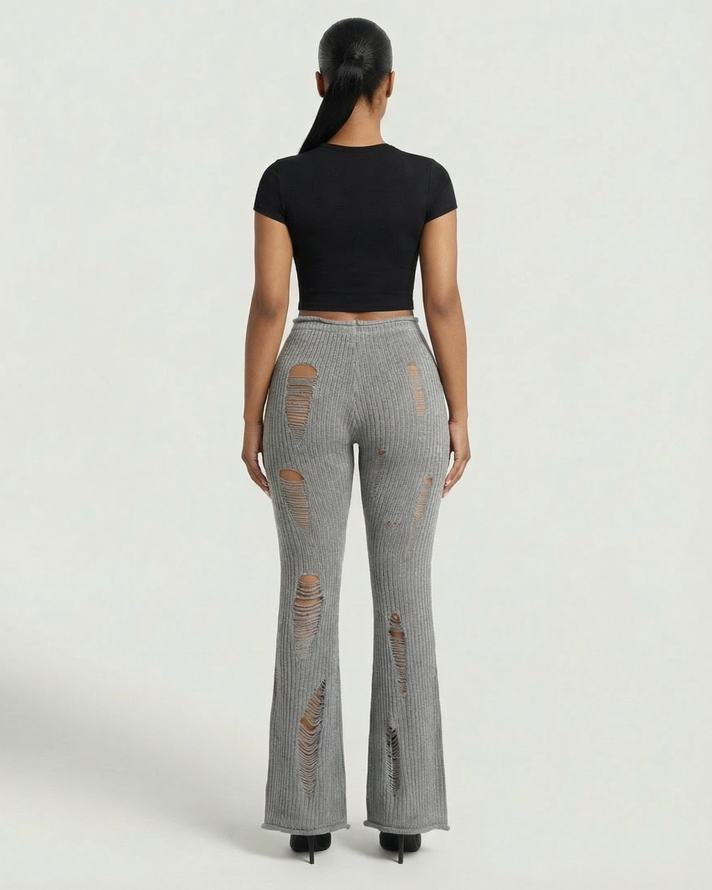 ALOMA Ripped Ribbed Knit Flared Pants