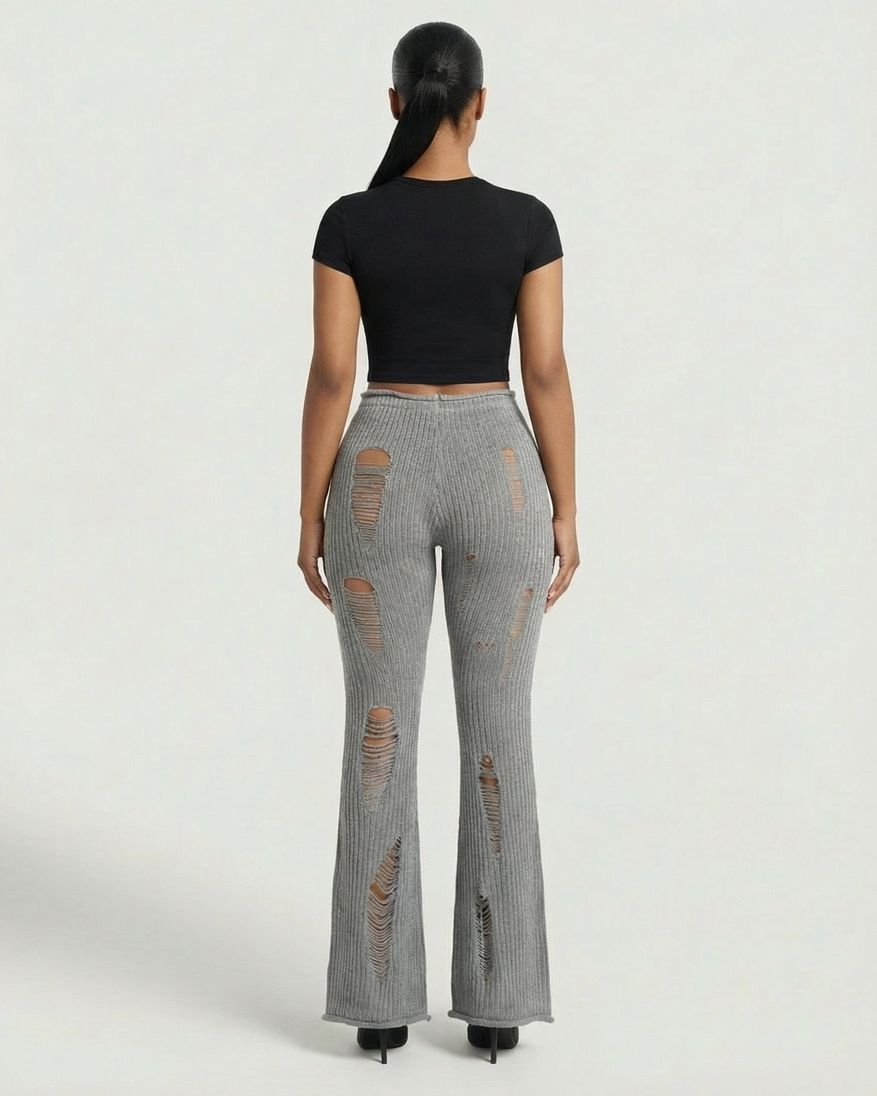 ALOMA Ripped Ribbed Knit Flared Pants