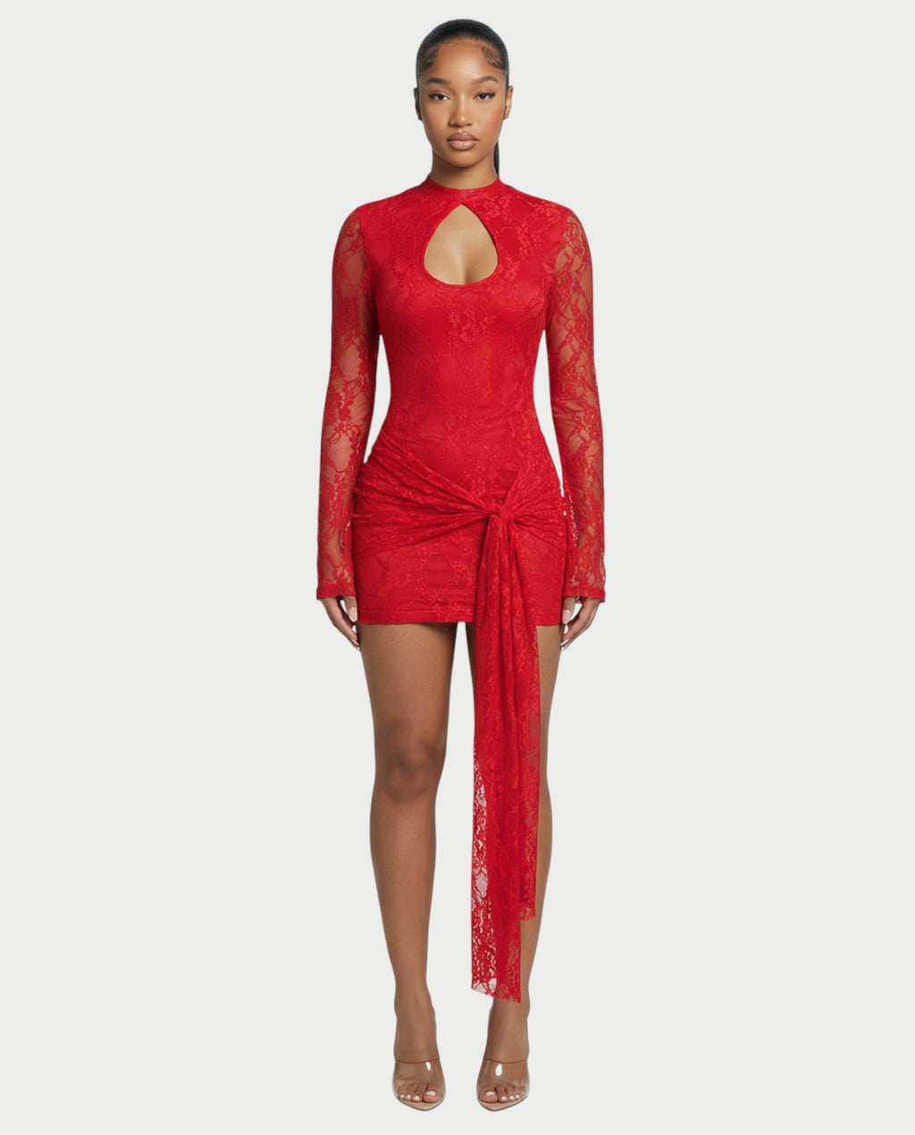 CELISE Sheer Lace Ruched Long-Sleeve Mini Dress