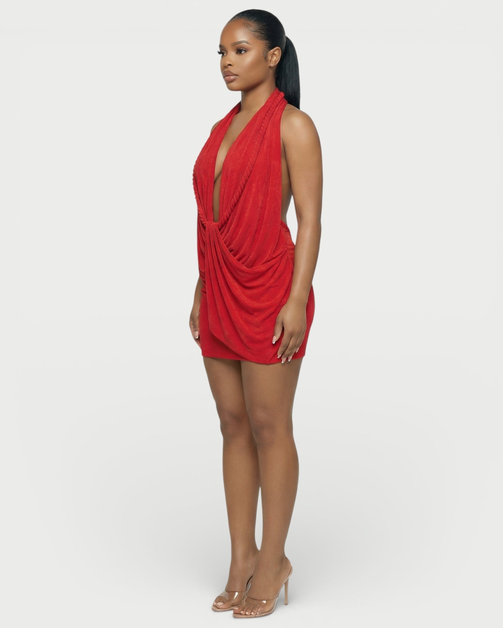 SIONA Rope Trim Draped Halter Mini Dress