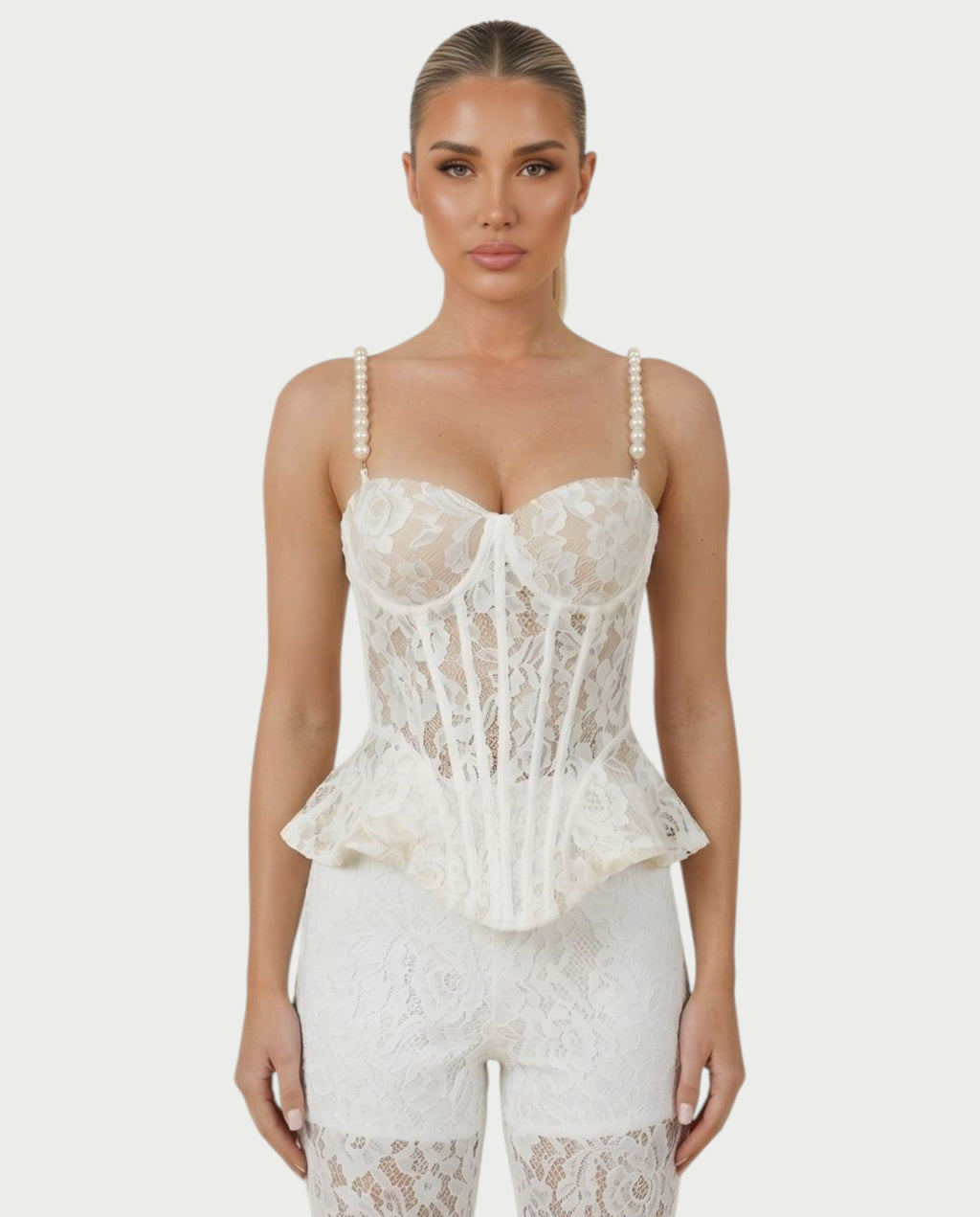 MABELA Sheer Lace Corset Peplum Top & Flared Pants Set