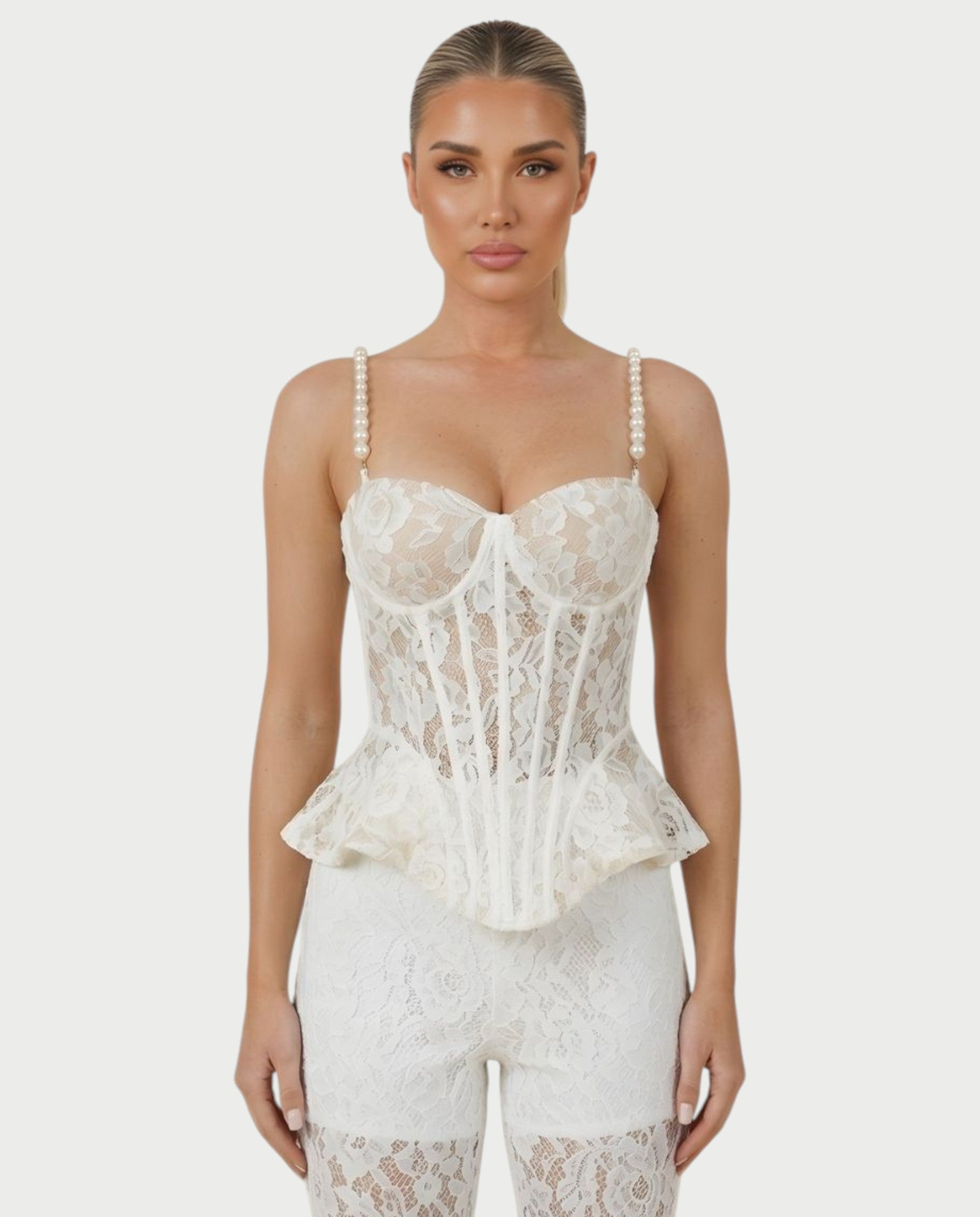 MABELA Sheer Lace Corset Peplum Top & Flared Pants Set
