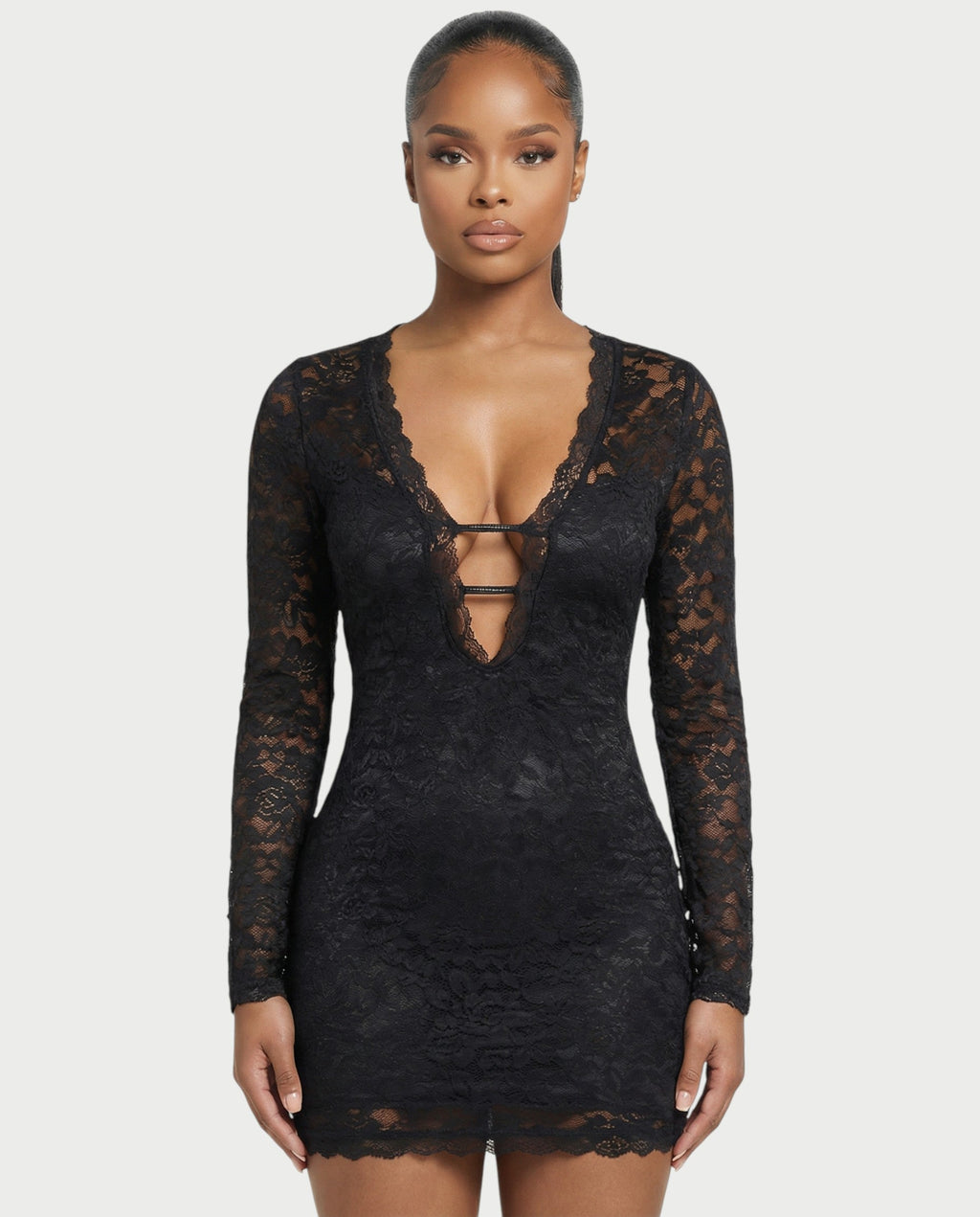 ZAYRIA Deep Plunge Sheer Lace Mini Dress