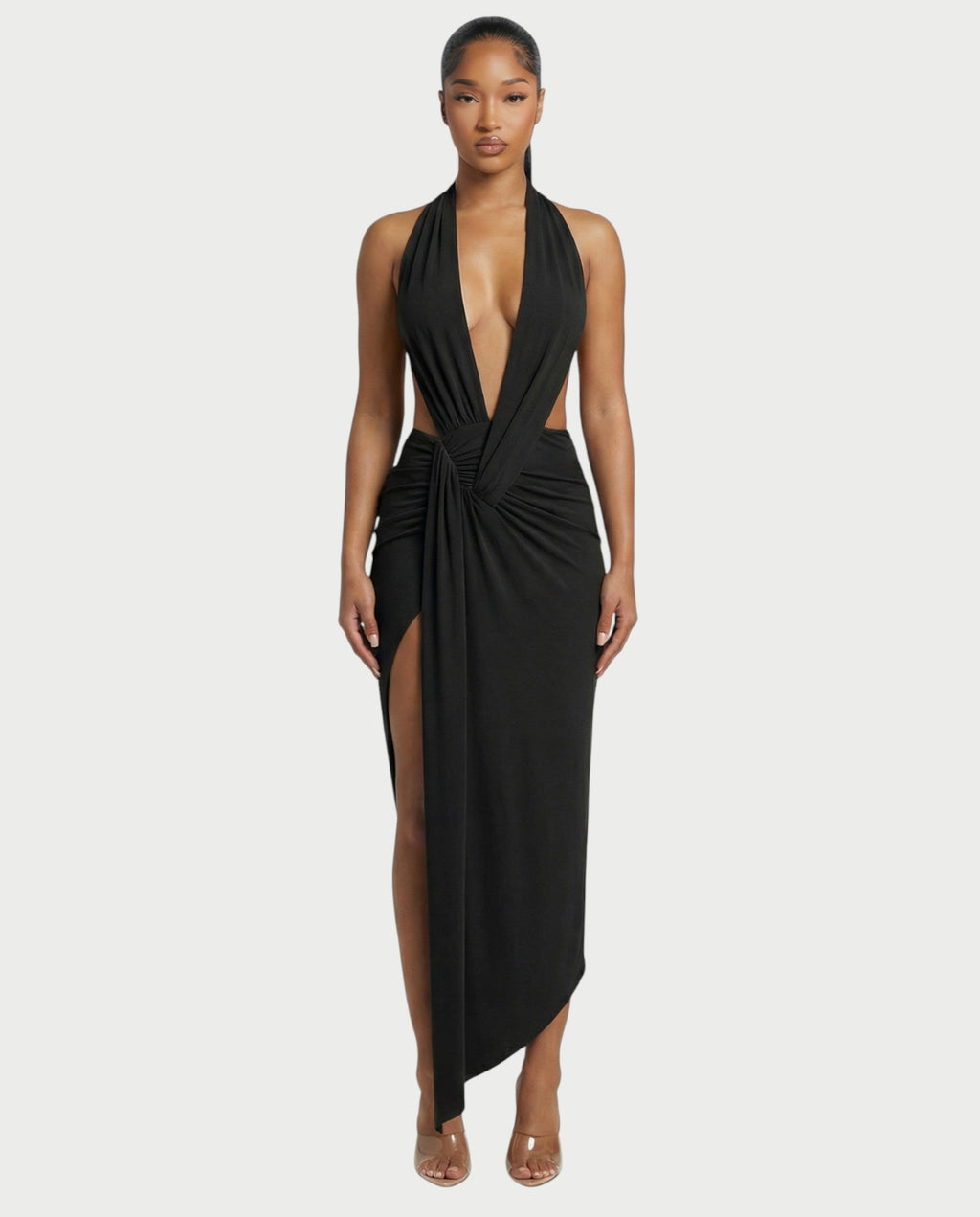 ORLAYA Deep Plunge Halter High-Slit Maxi Dress