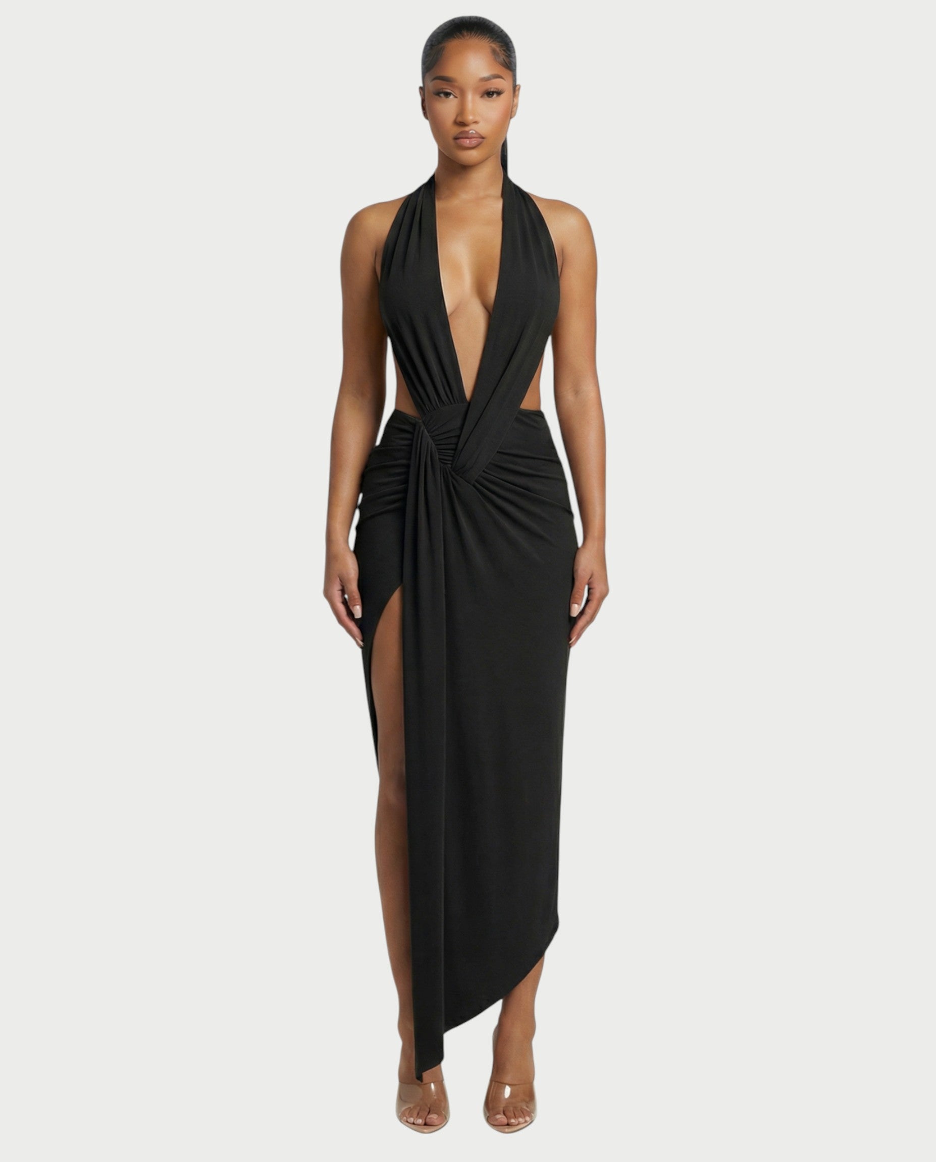 ORLAYA Deep Plunge Halter High-Slit Maxi Dress