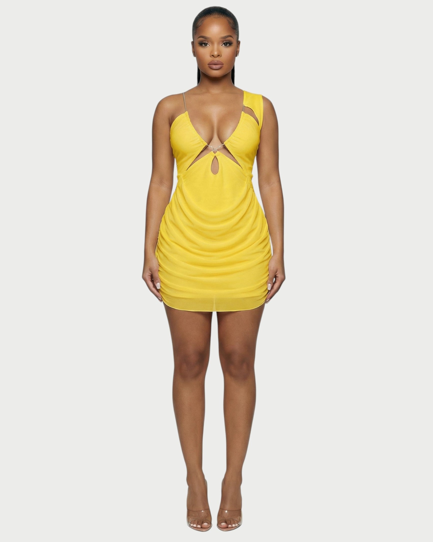 JUVIA Chain Detail Cut-Out Mesh Mini Dress