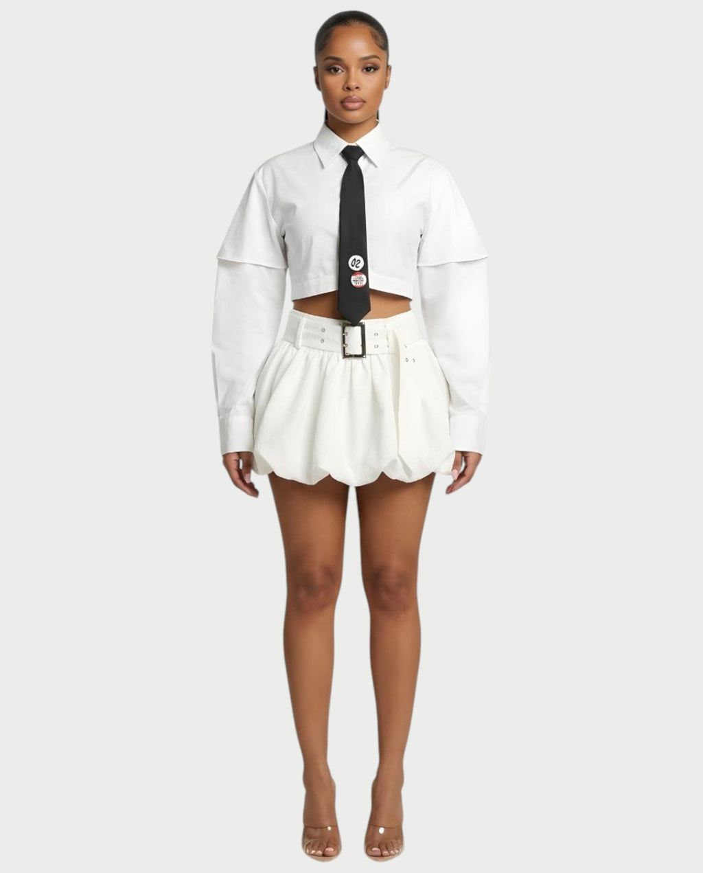 LAFIRNA Belted High-Waist Bubble Hem Mini Skort