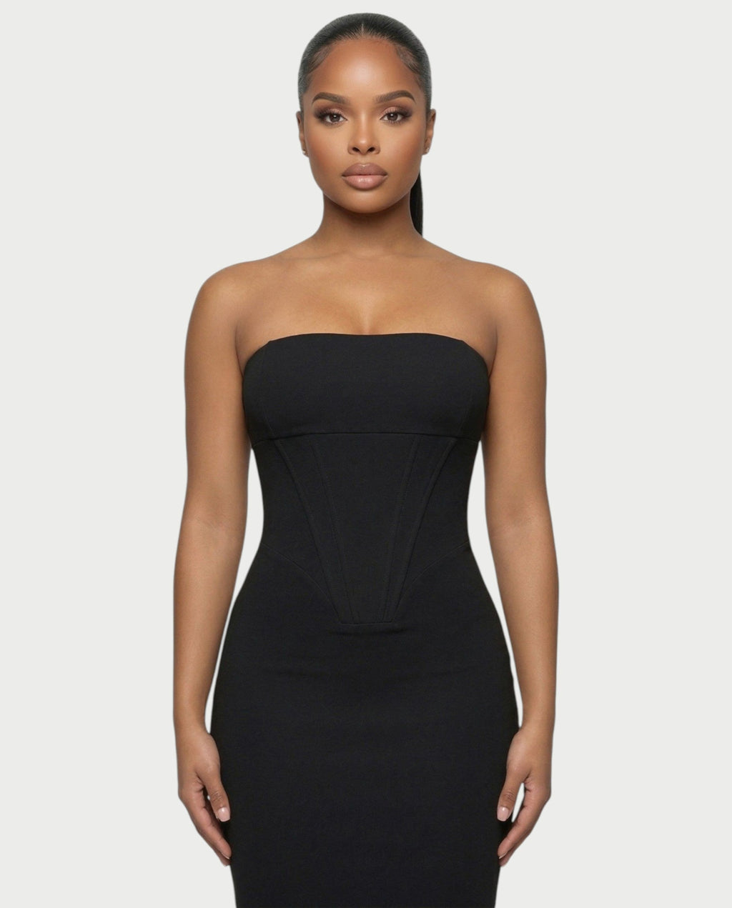 SOYANA Corset Strapless Feather Midi Dress