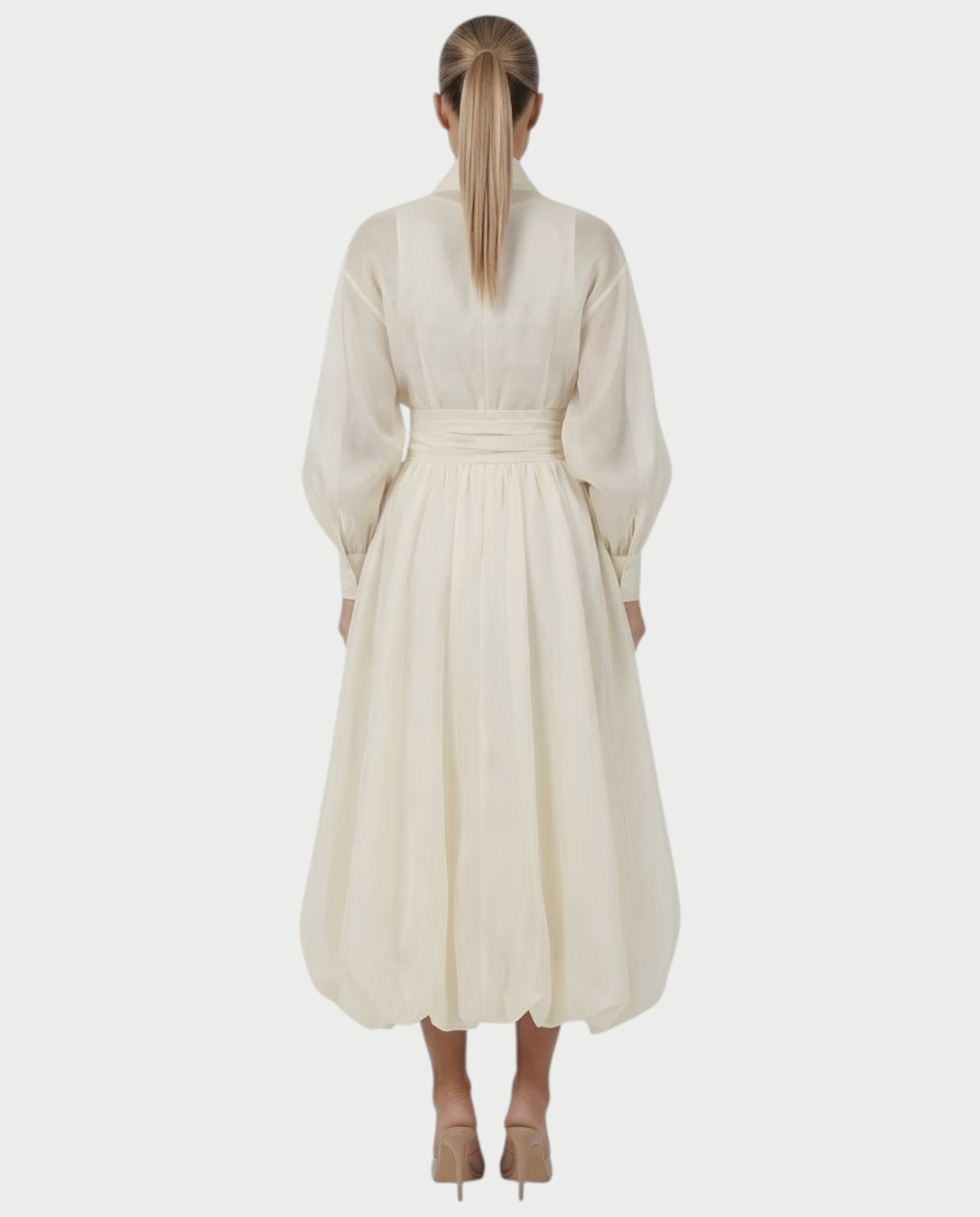 MARELA Cream White Draped Tulle Maxi Dress