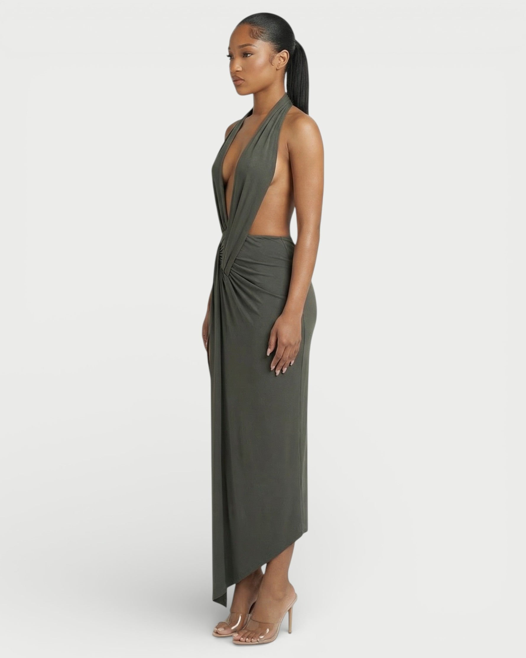 ORLAYA Deep Plunge Halter High-Slit Maxi Dress