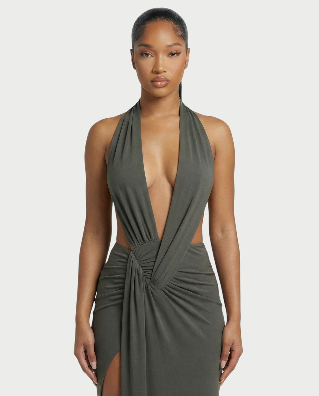 ORLAYA Deep Plunge Halter High-Slit Maxi Dress
