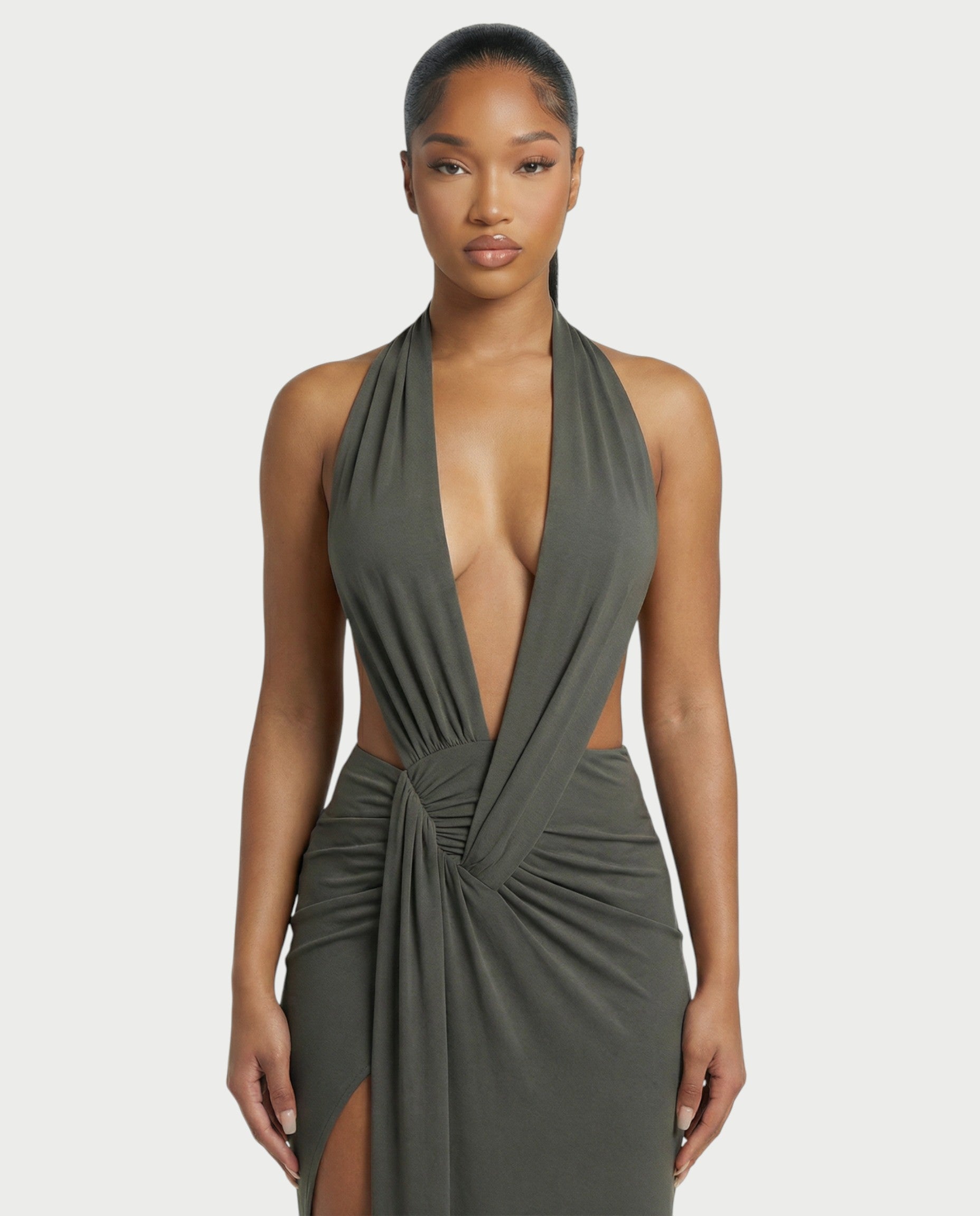 ORLAYA Deep Plunge Halter High-Slit Maxi Dress