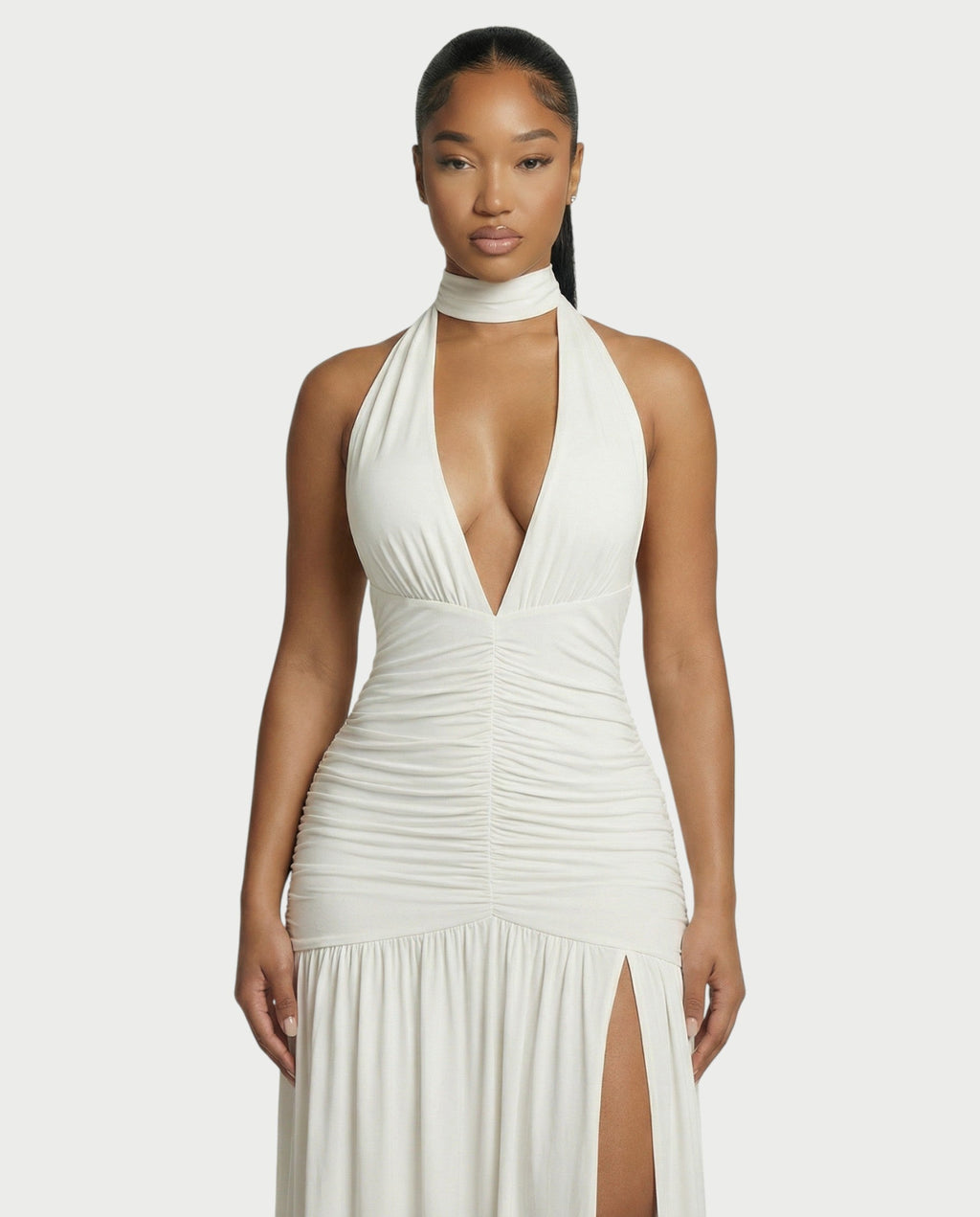 SORAYA Backless Halter Plunge Maxi Dress