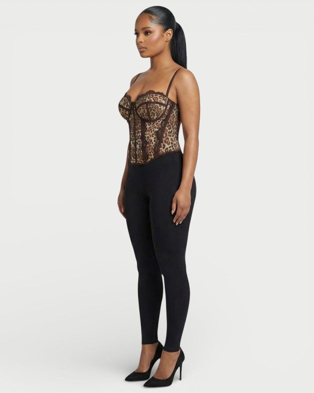 DRISELLE Lace Trim Leopard Corset Top