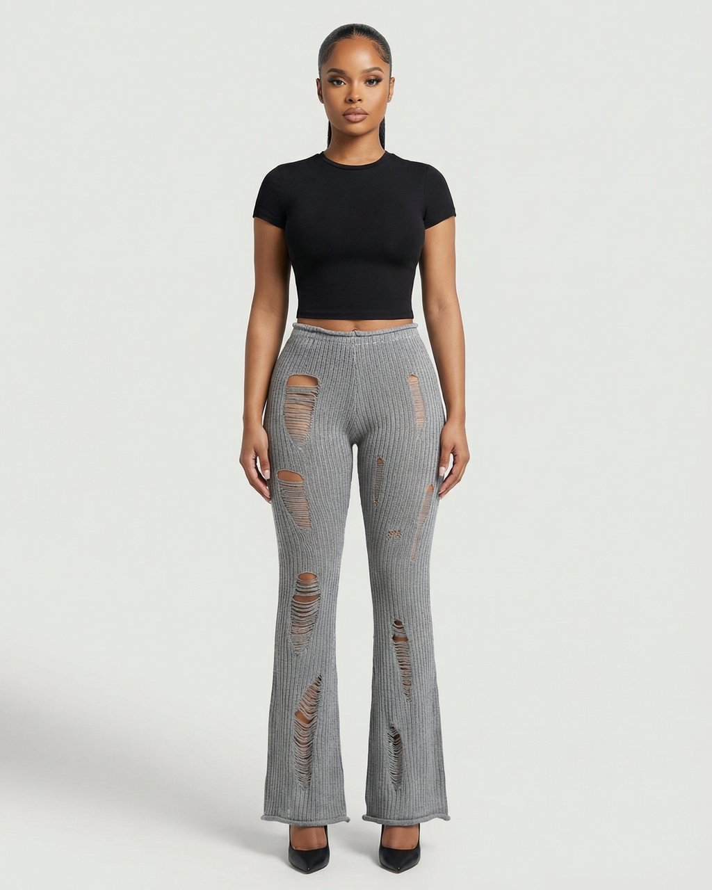ALOMA Ripped Ribbed Knit Flared Pants