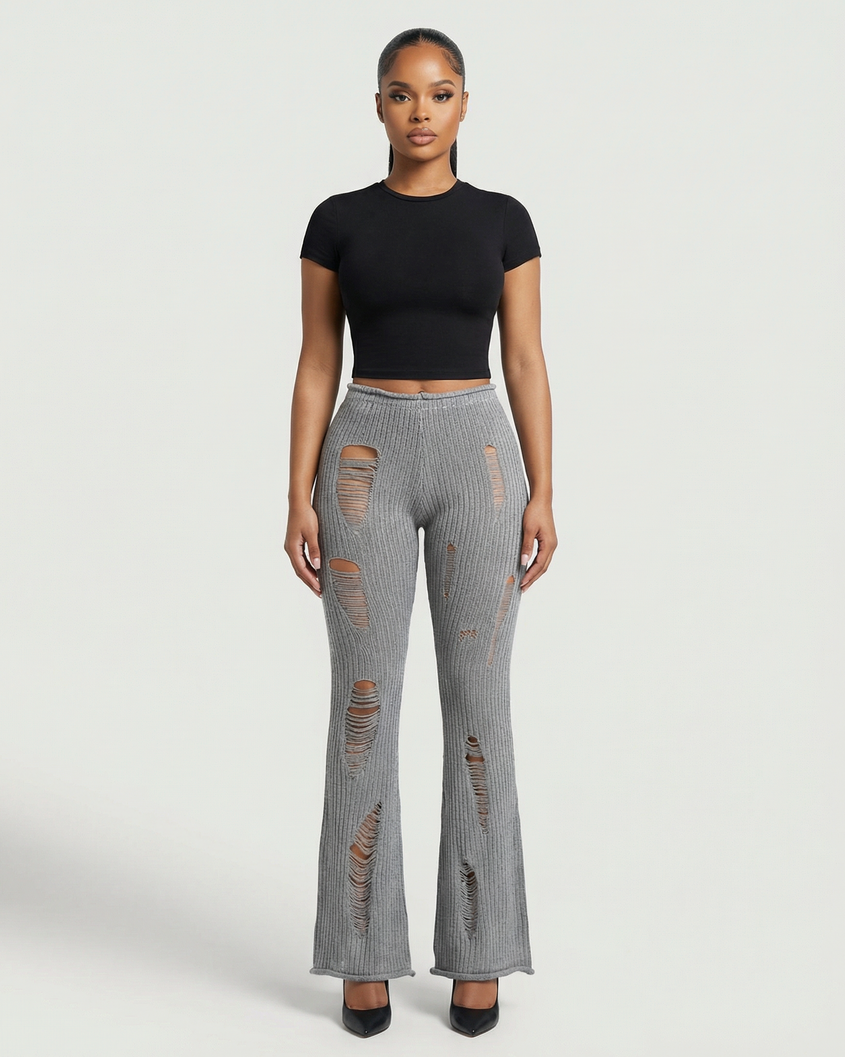 ALOMA Ripped Ribbed Knit Flared Pants