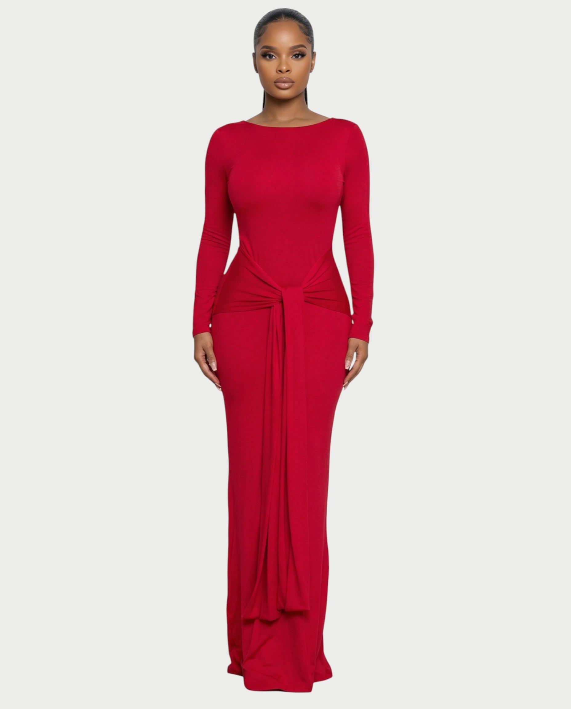 RENNA Draped Front Knot Backless Maxi Dress