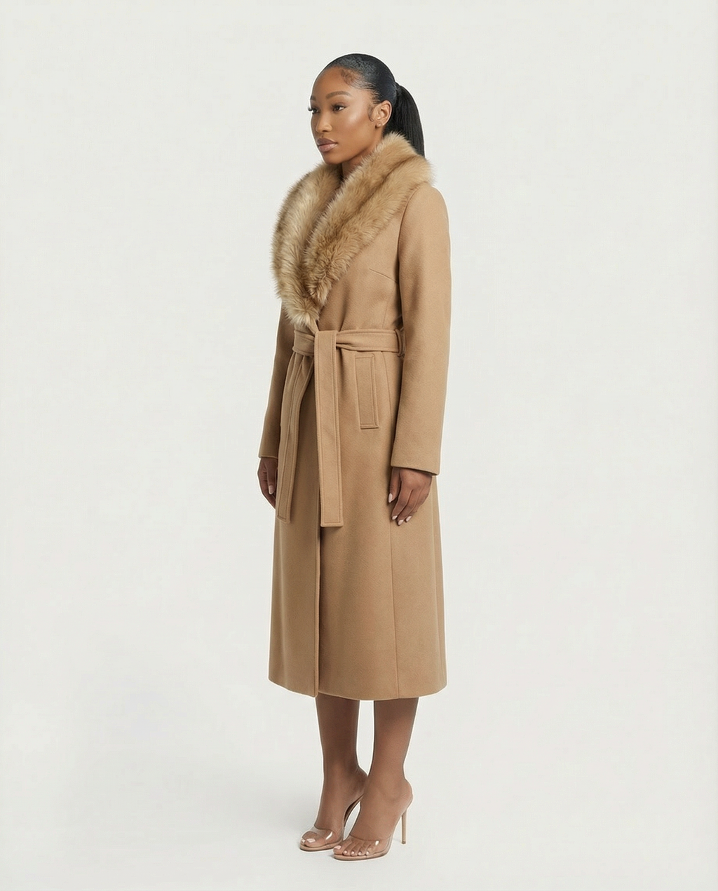 FLORINA Faux Fur Collar Wool Trench Coat