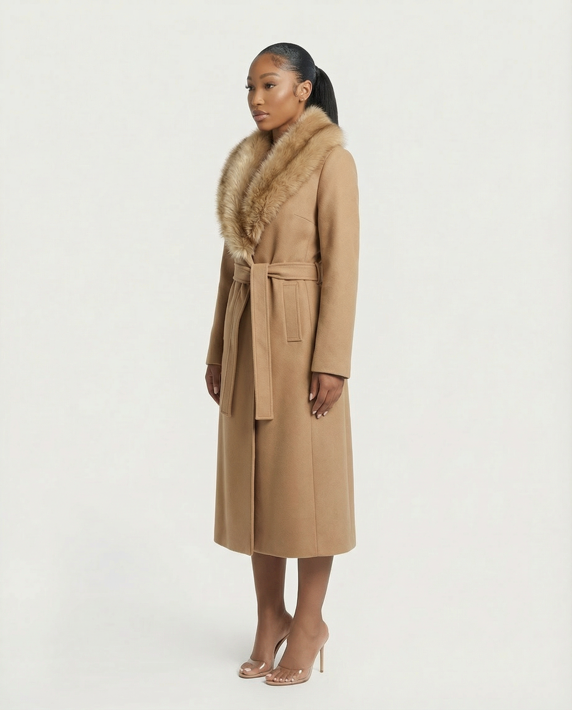 FLORINA Faux Fur Collar Wool Trench Coat