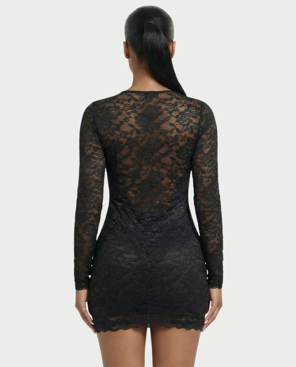 ZAYRIA Deep Plunge Sheer Lace Mini Dress