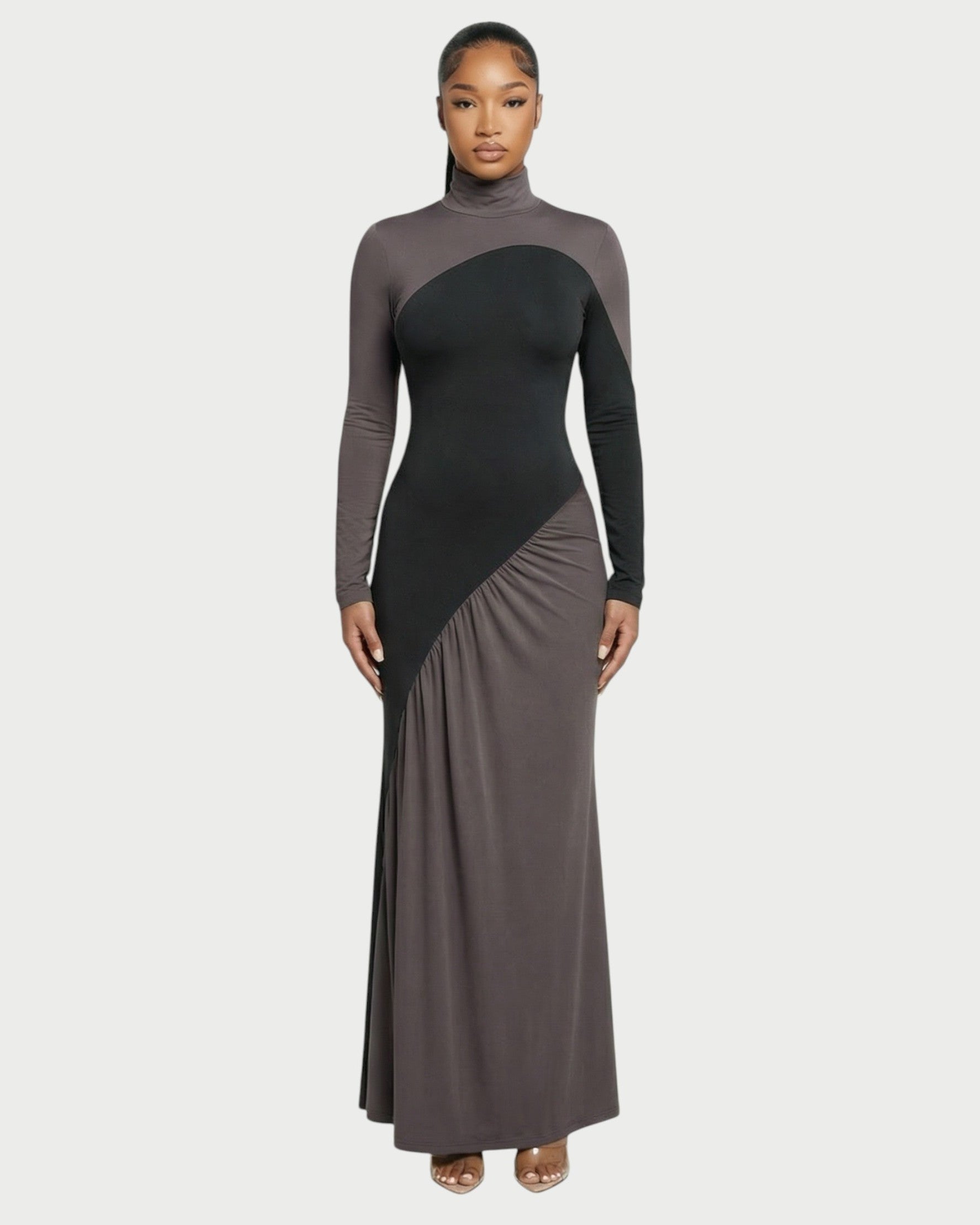 ANINA Contrast Panel Long-Sleeve Maxi Dress