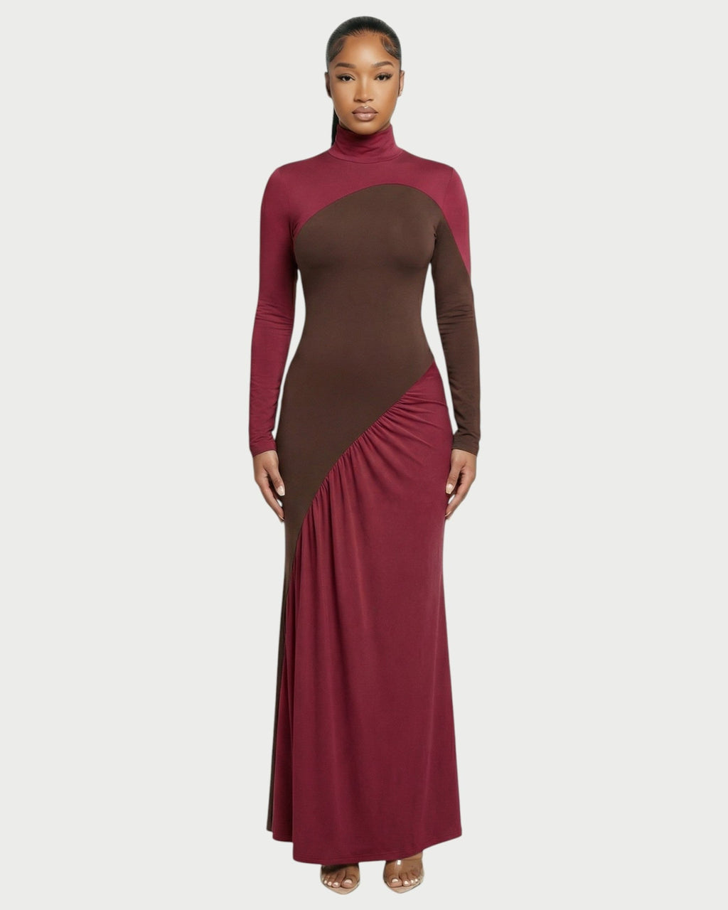 ANINA Contrast Panel Long-Sleeve Maxi Dress