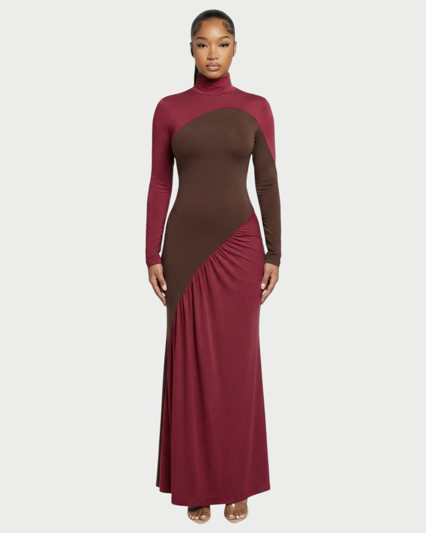 ANINA Contrast Panel Long-Sleeve Maxi Dress
