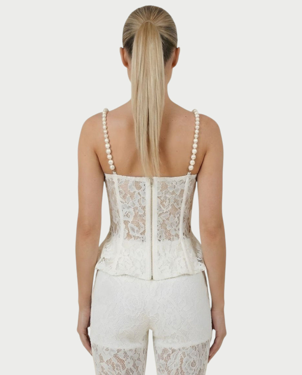 MABELA Sheer Lace Corset Peplum Top & Flared Pants Set
