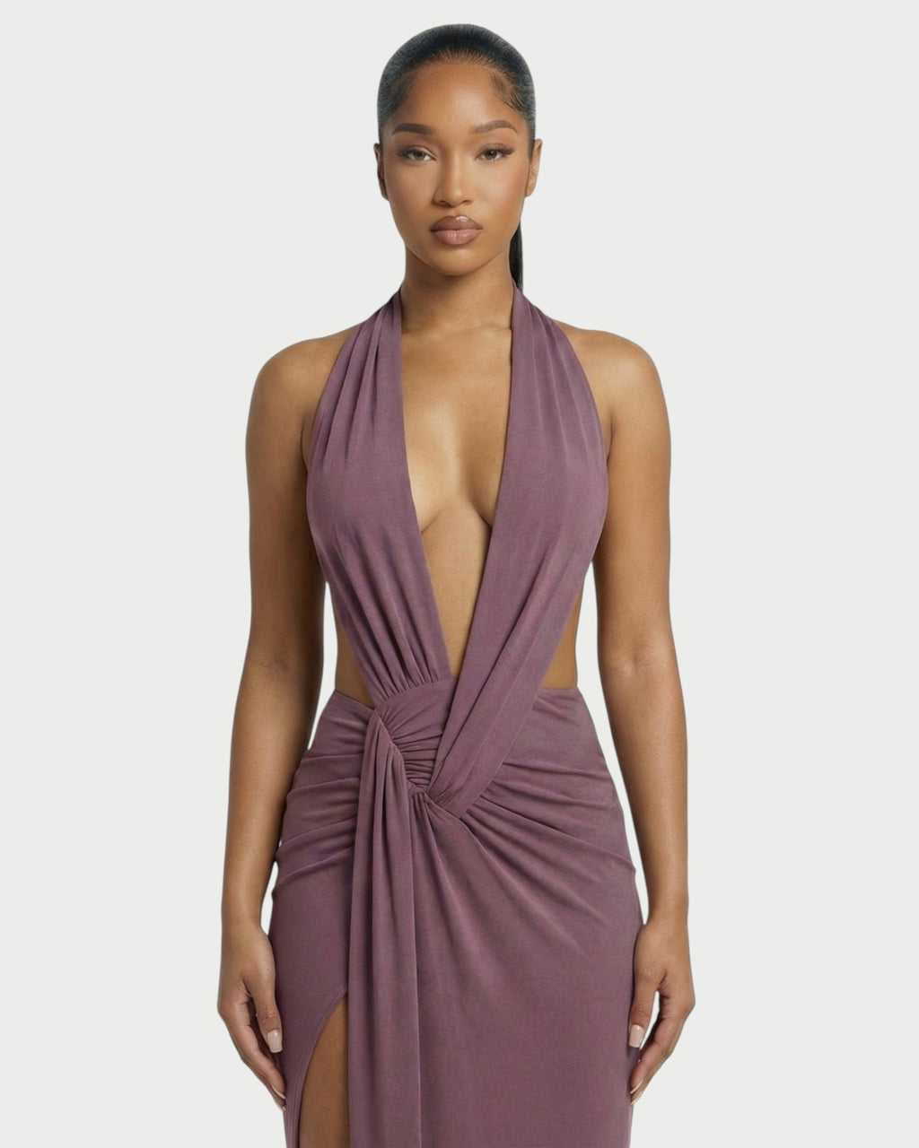 ORLAYA Deep Plunge Halter High-Slit Maxi Dress