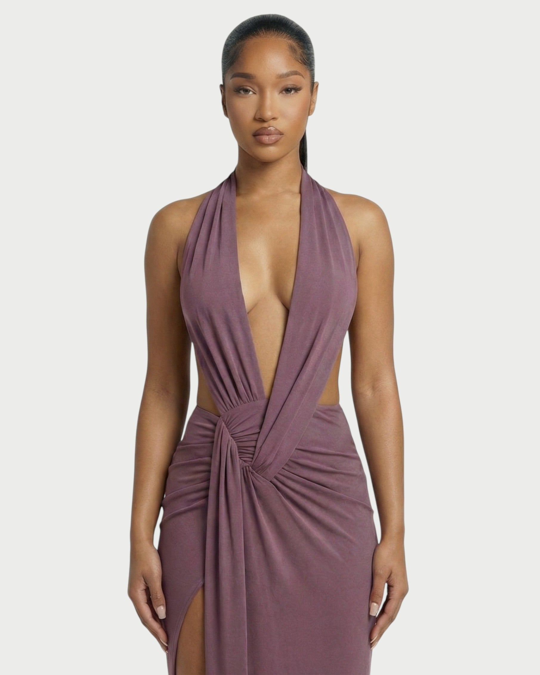 ORLAYA Deep Plunge Halter High-Slit Maxi Dress