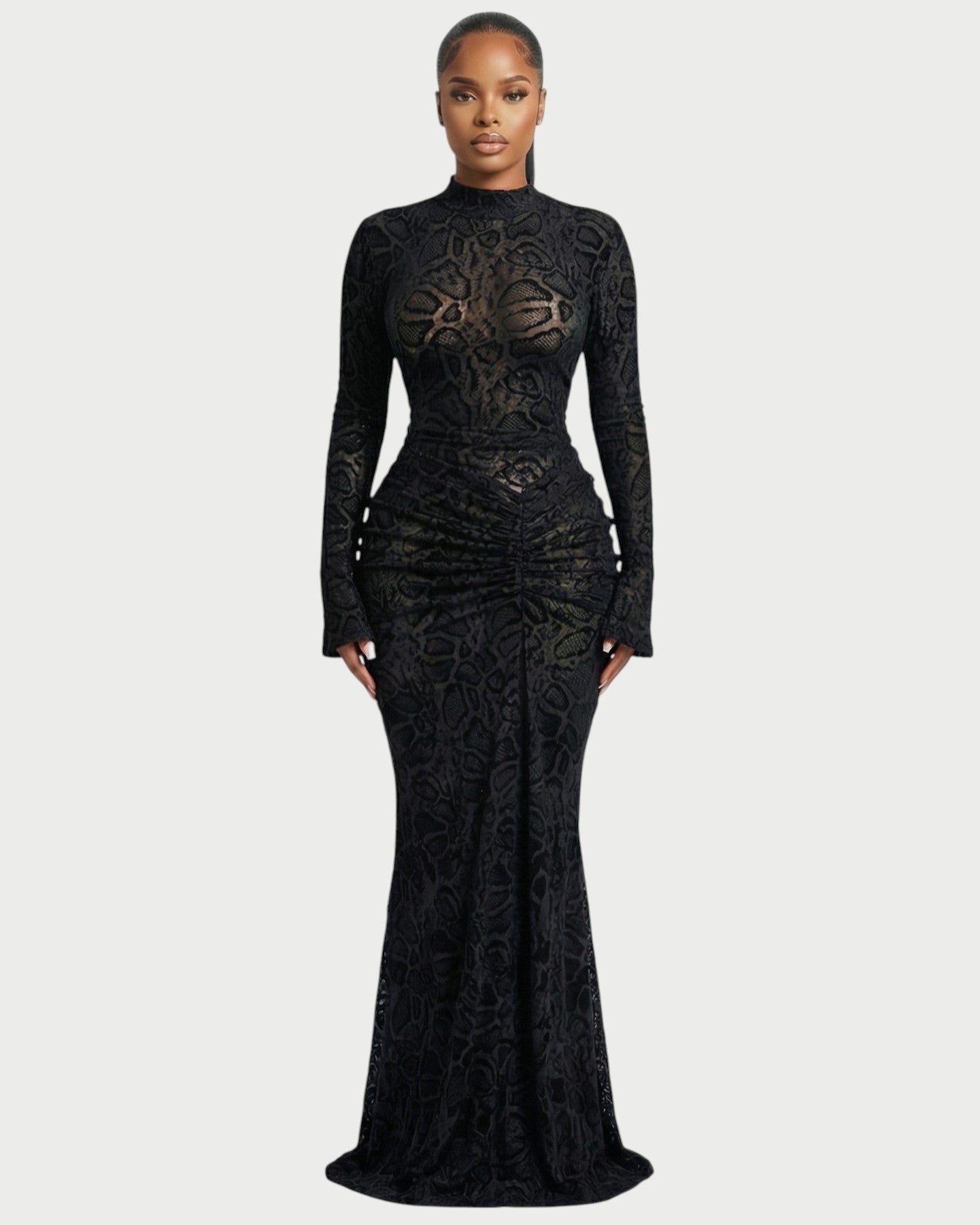 LIYANA Lace Ruched Bell Sleeve Maxi Dress