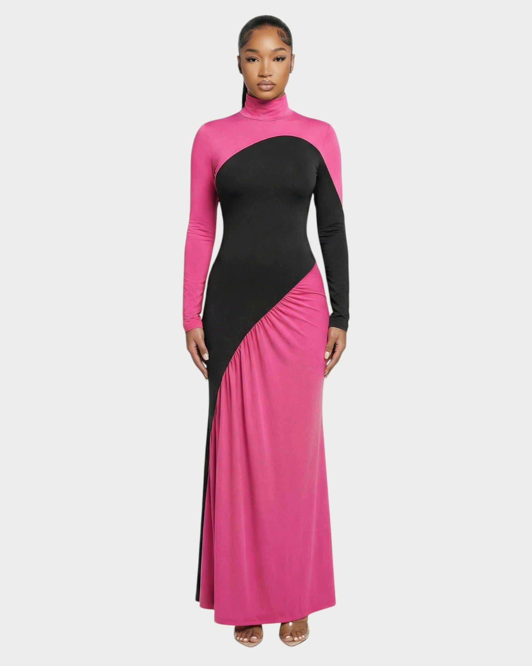 ANINA Contrast Panel Long-Sleeve Maxi Dress