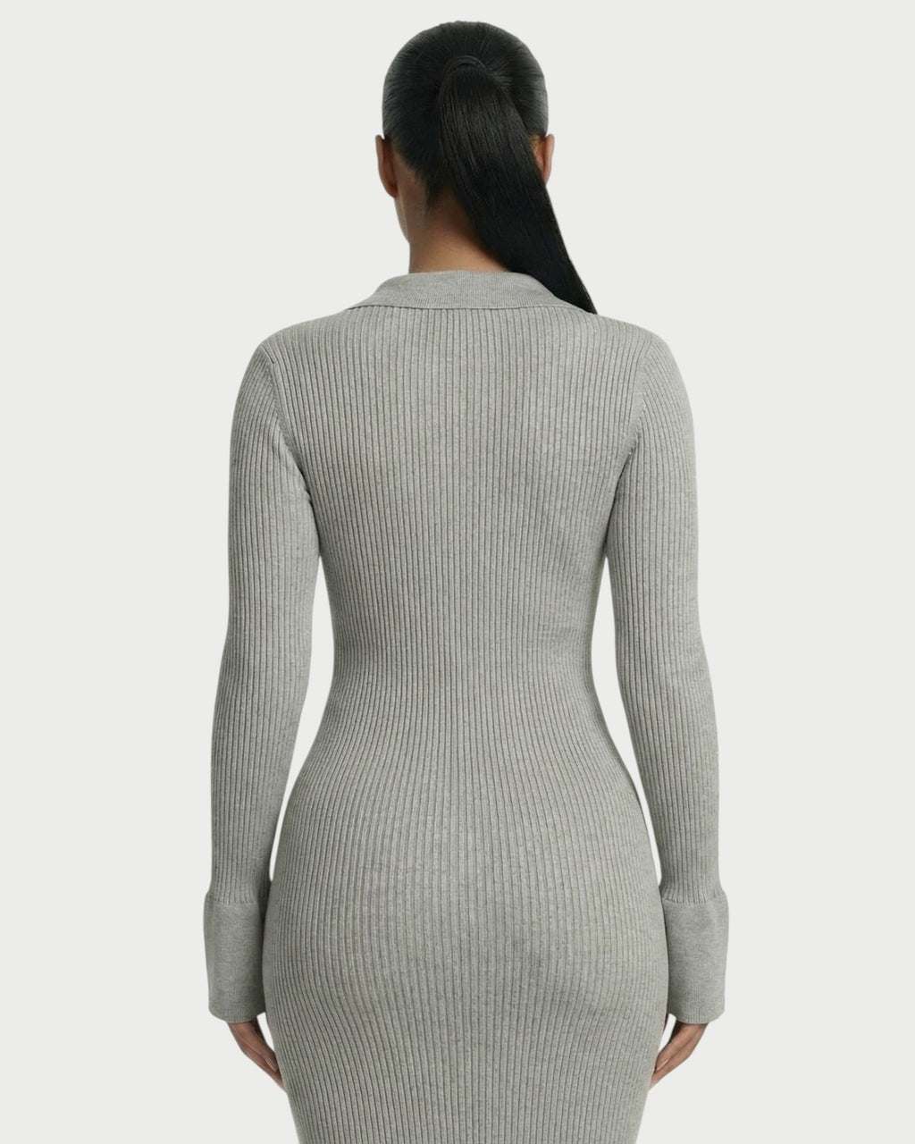 ELYSIA Ribbed Knit Collared Midi Dress