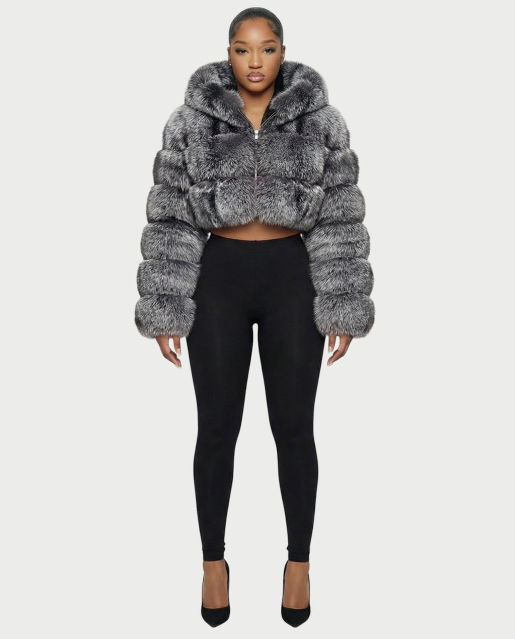 LIOREN Cropped Hooded Faux-Fur Puffer Jacket