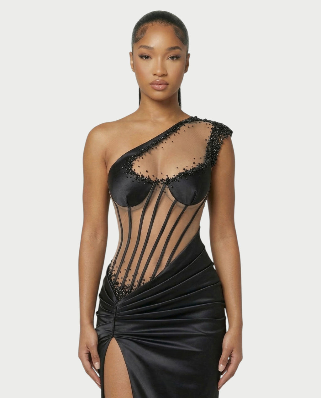 LYXEN One-Shoulder High Slit Corset Maxi Dress