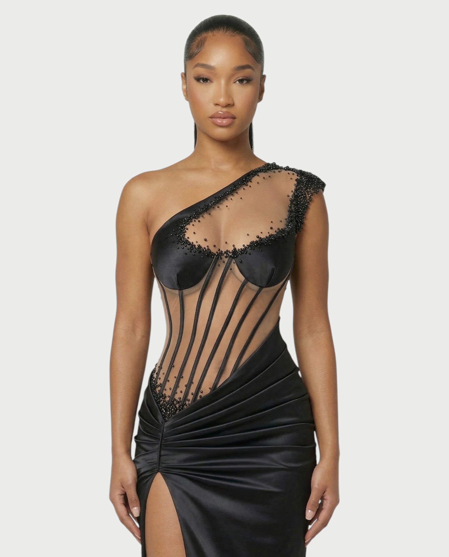 LYXEN One-Shoulder High Slit Corset Maxi Dress