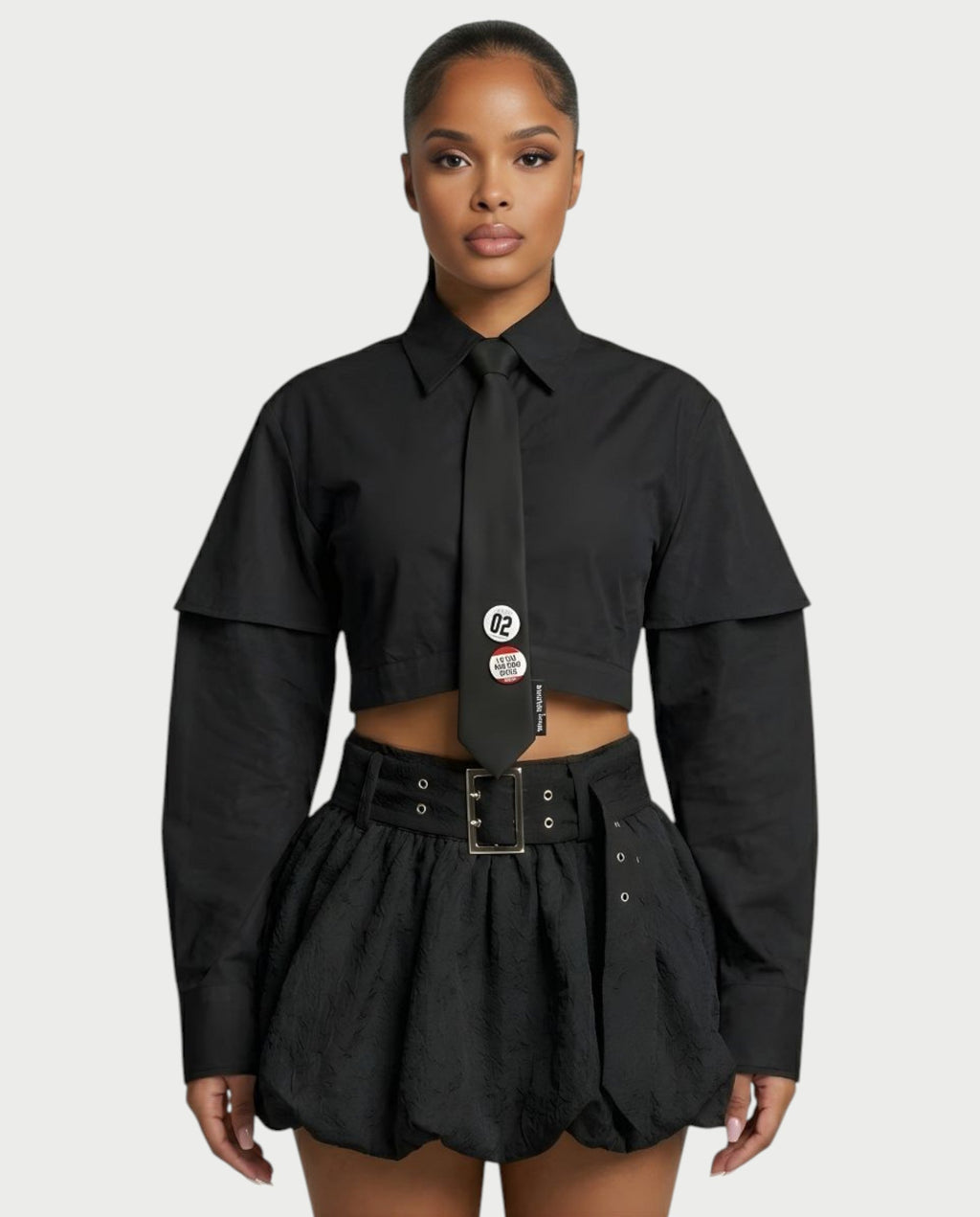 MIRELA Cropped Button-Up Shirt Tie Detail