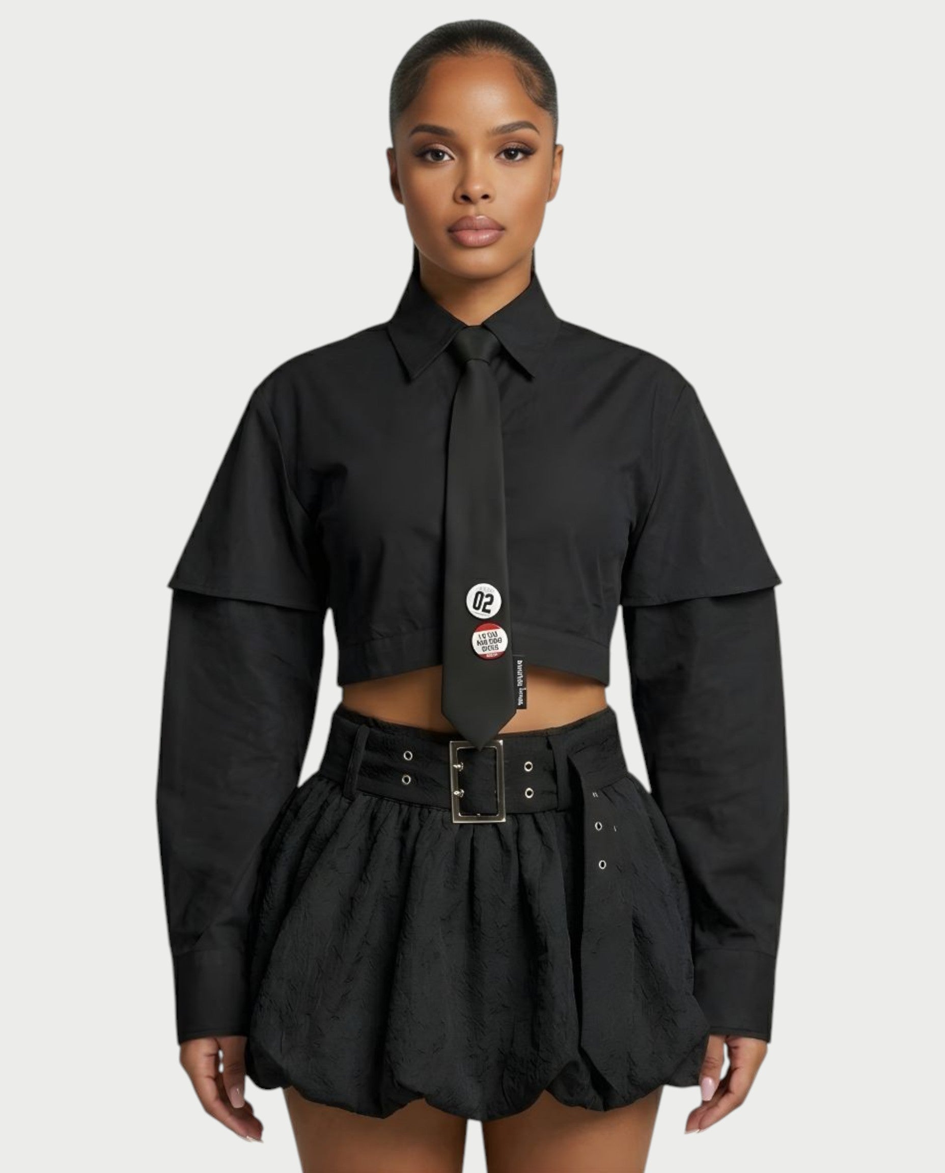 MIRELA Cropped Button-Up Shirt Tie Detail