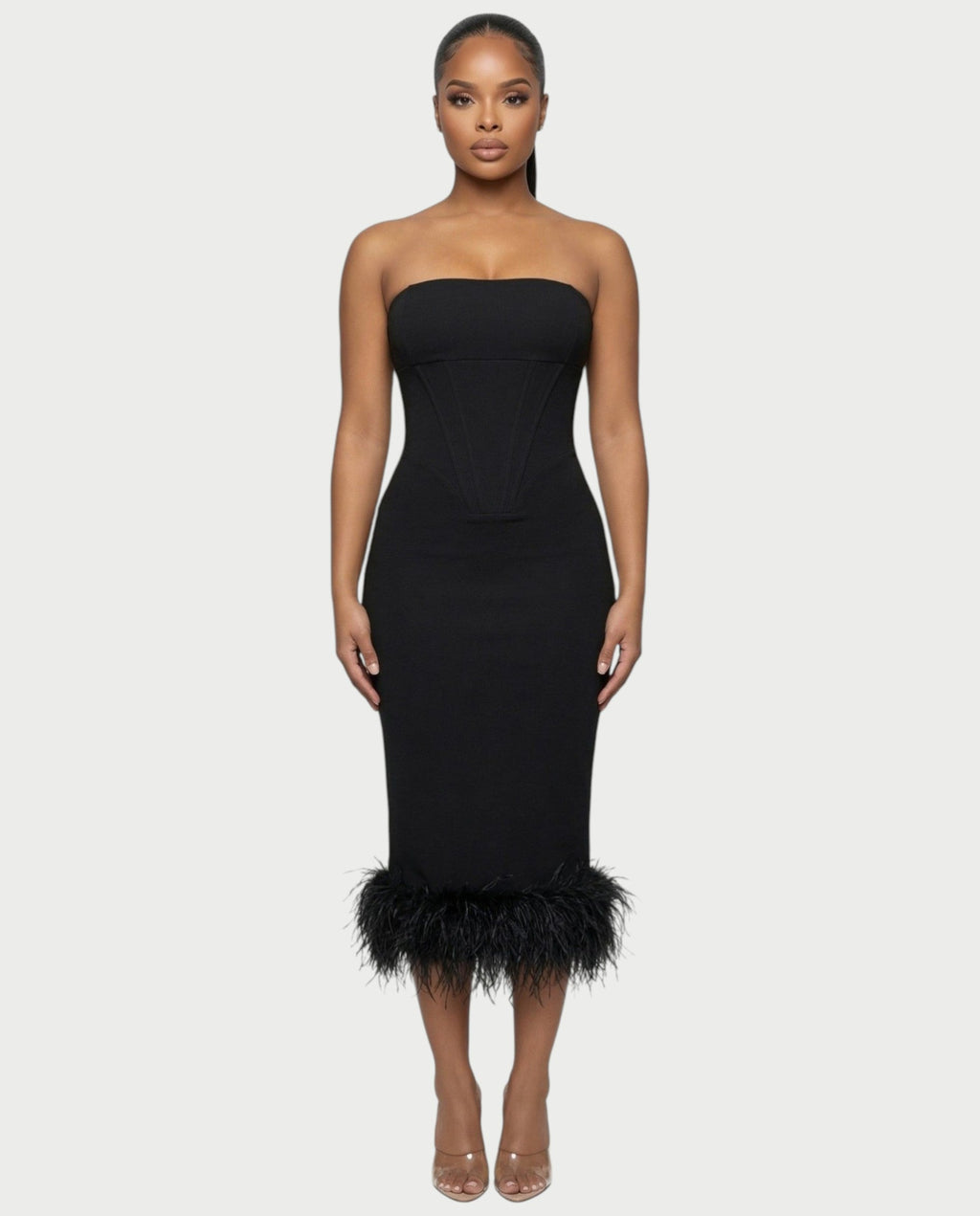 SOYANA Corset Strapless Feather Midi Dress
