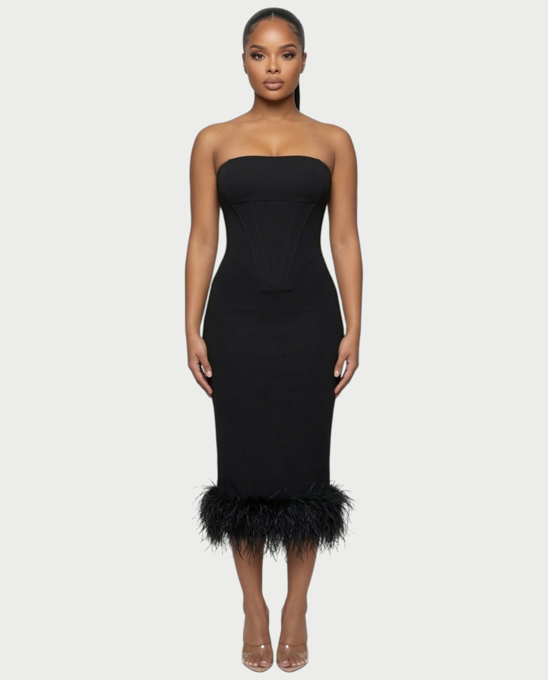 SOYANA Corset Strapless Feather Midi Dress