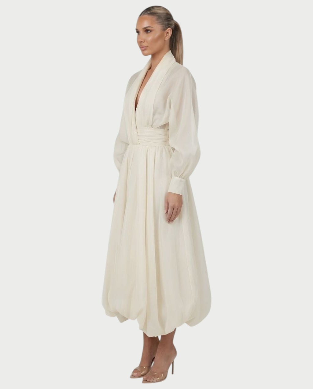 MARELA Cream White Draped Tulle Maxi Dress