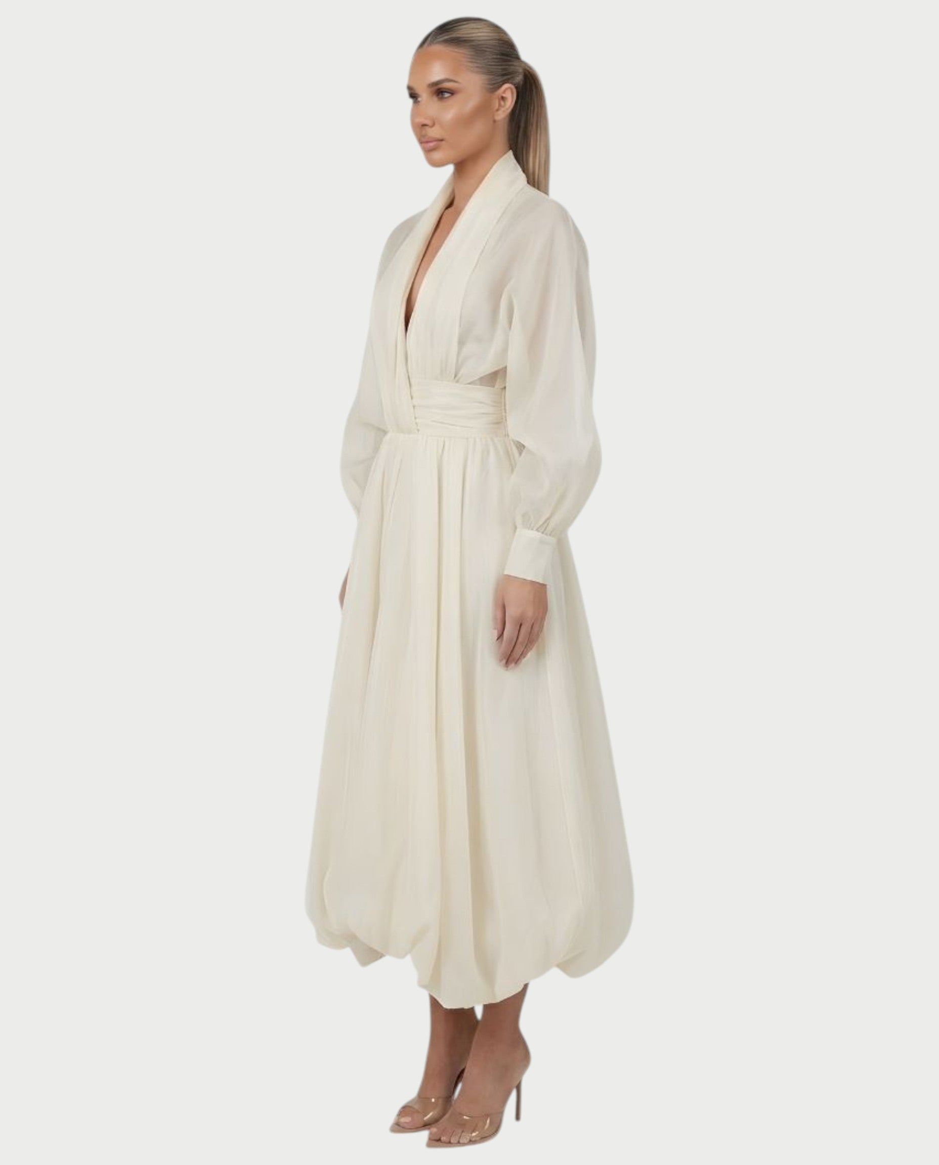 MARELA Cream White Draped Tulle Maxi Dress