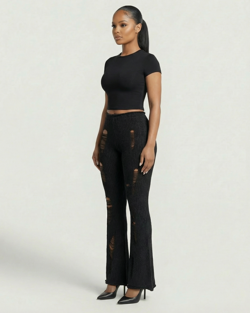 ALOMA Ripped Ribbed Knit Flared Pants