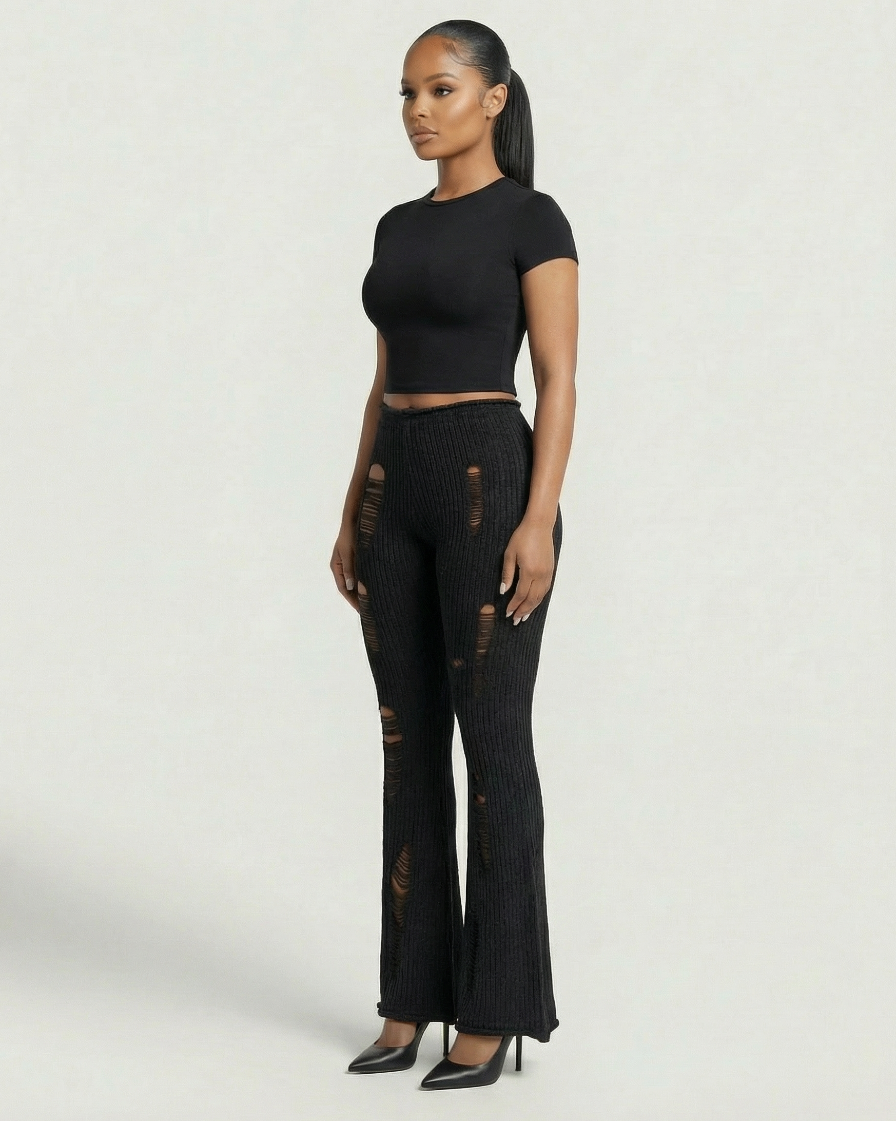 ALOMA Ripped Ribbed Knit Flared Pants