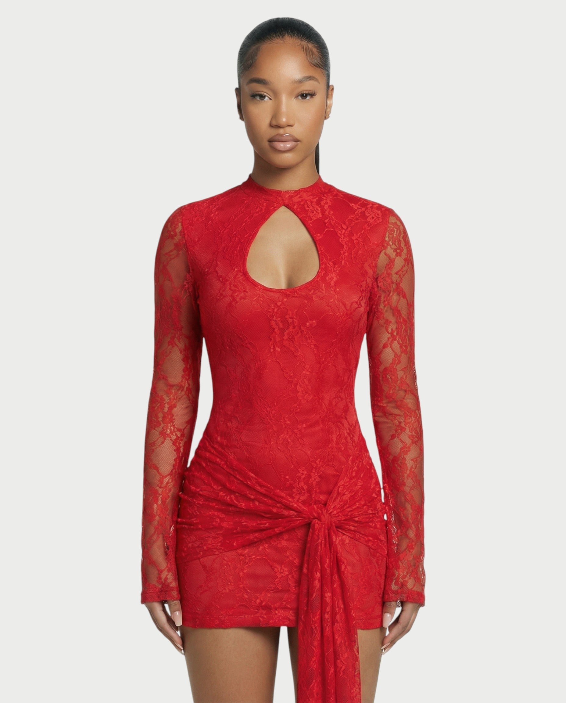 CELISE Sheer Lace Ruched Long-Sleeve Mini Dress