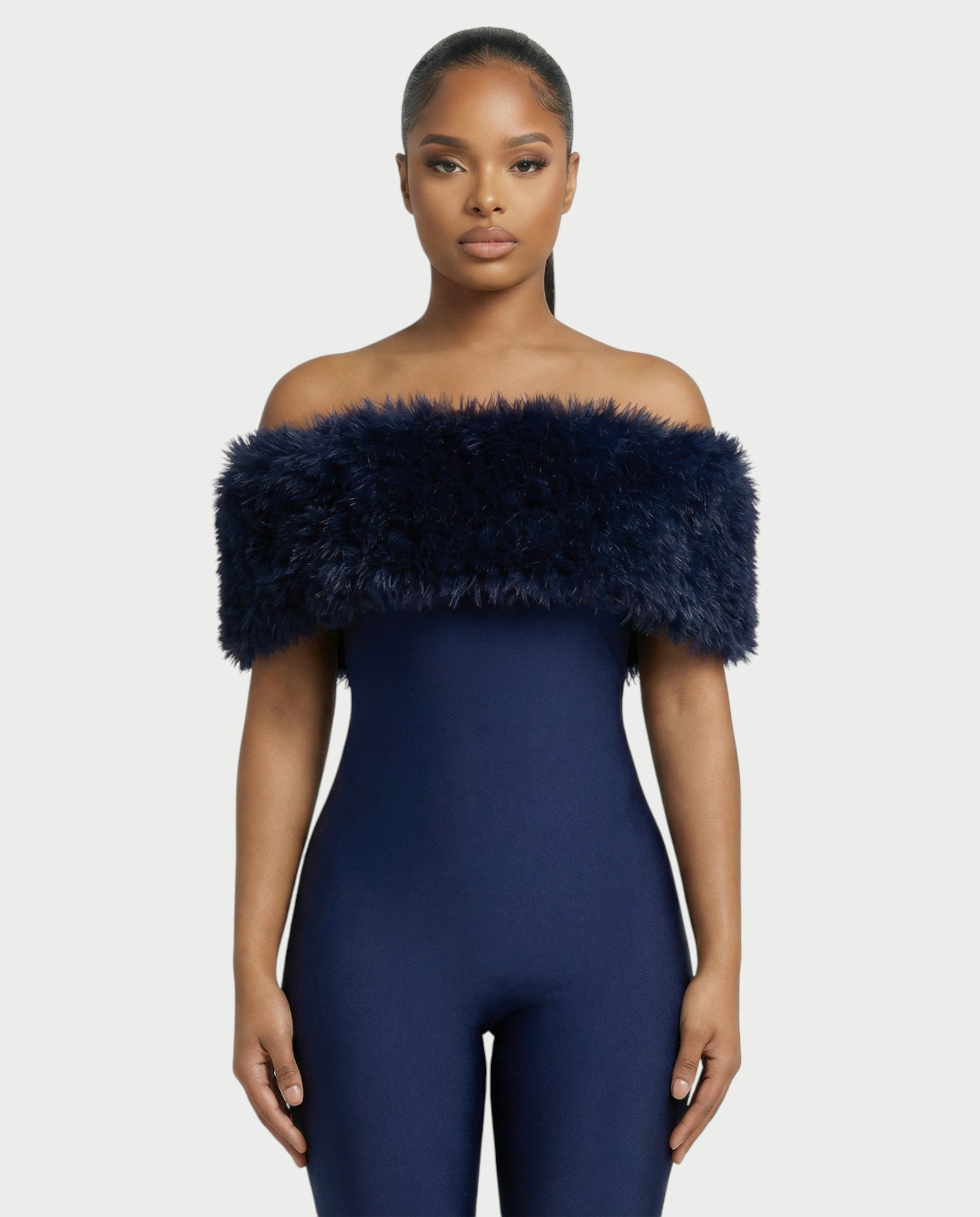 TRINA Off-Shoulder Faux Fur Trim Jumpsuit