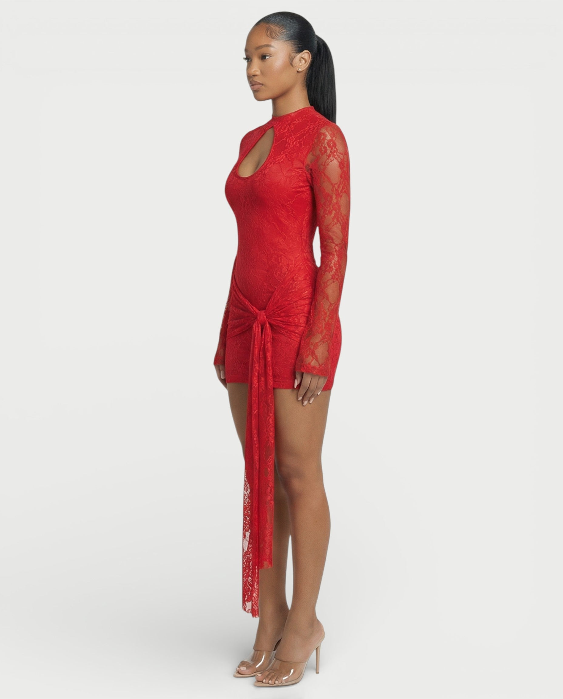 CELISE Sheer Lace Ruched Long-Sleeve Mini Dress